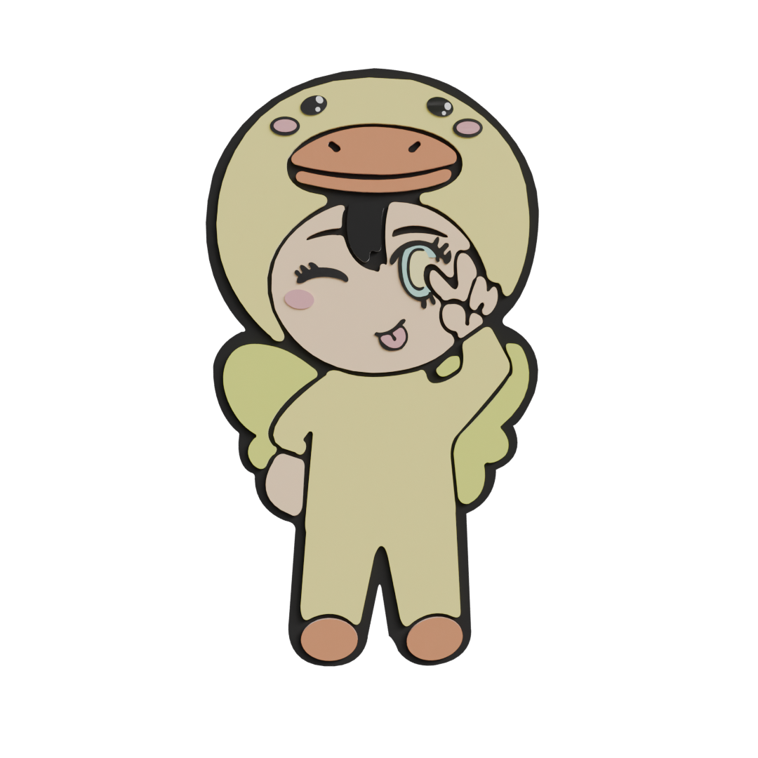 Cute cartoon character in a yellow duck onesie, winking and holding an ear against their face, with a playful expression.