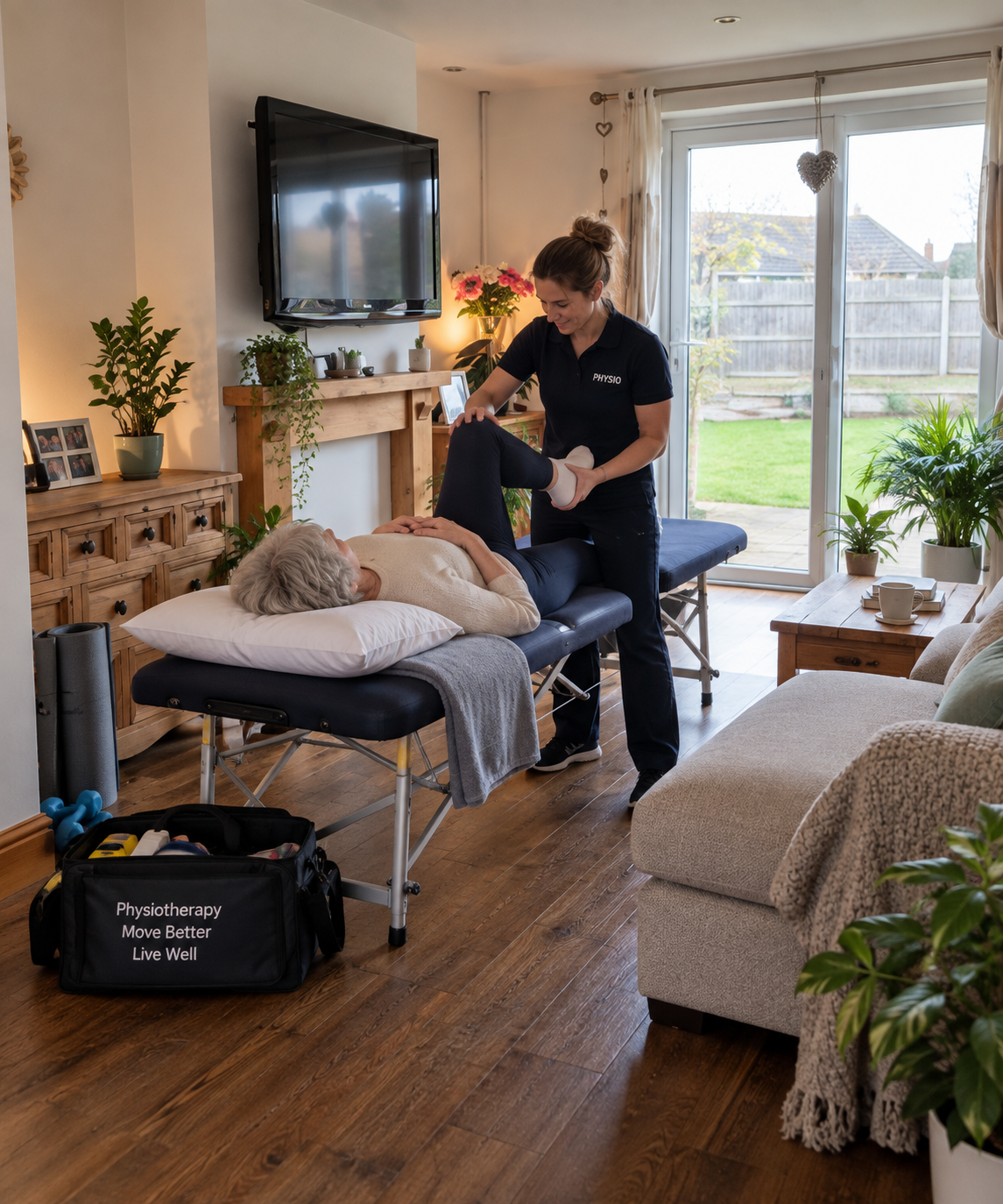 A physical therapist in a black polo shirt assisting an elderly woman with a leg exercise on a therapy table in a cozy living room. The room has wooden furniture, houseplants, a TV, and a sliding glass door leading to a backyard.
