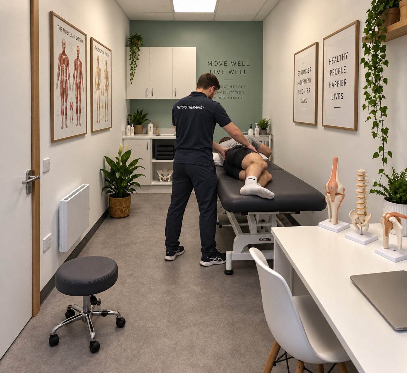 A physiotherapist performing a treatment on a patient lying on a treatment table in a modern clinic room, with anatomical posters, plants, and model skeletons visible.