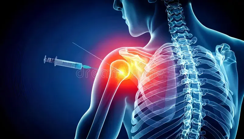 A digital illustration of a human shoulder with a highlighted joint, showing a syringe approaching it, indicating a medical injection or treatment for shoulder pain or injury.