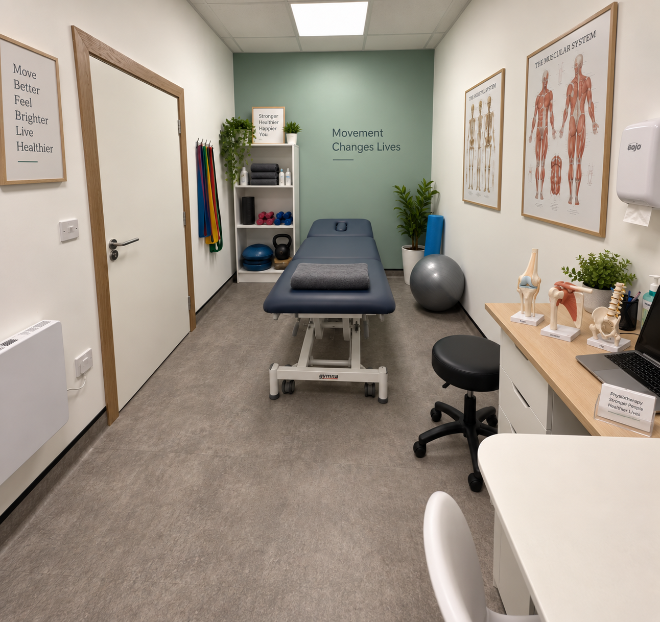 A treatment room with a massage or examination table in the center, surrounded by health and fitness posters, plants, and medical models of joints and muscles, indicating a physiotherapy clinic focused on movement and muscle health.
