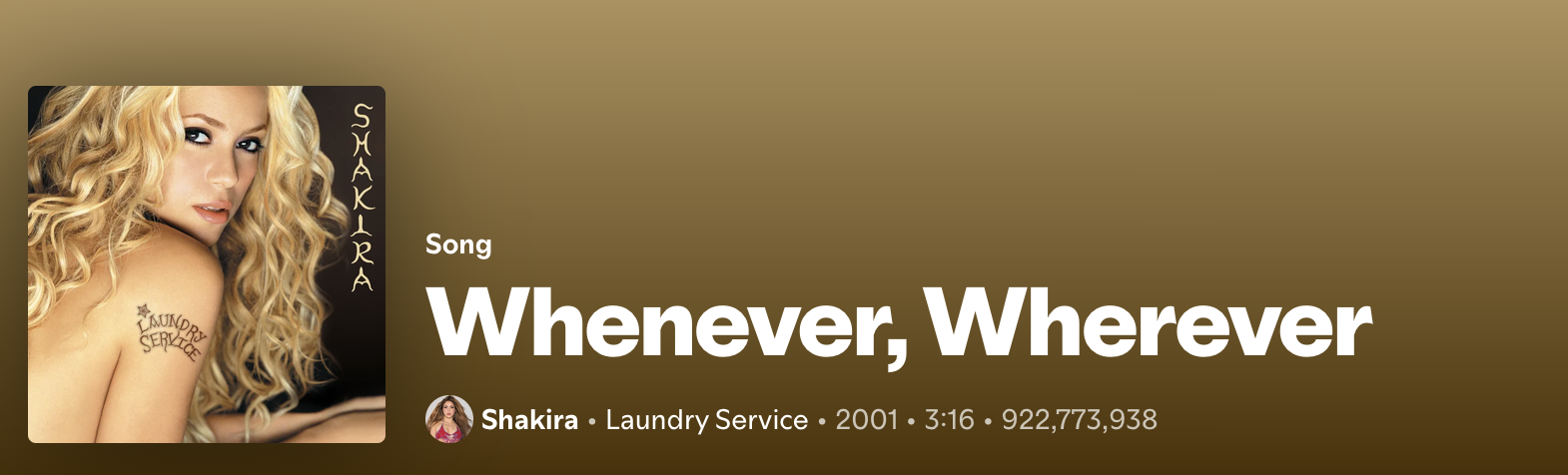 Album cover for Shakira's song "Whenever, Wherever" featuring a close-up of Shakira with curly blonde hair and a tattoo on her shoulder, against a gold background.