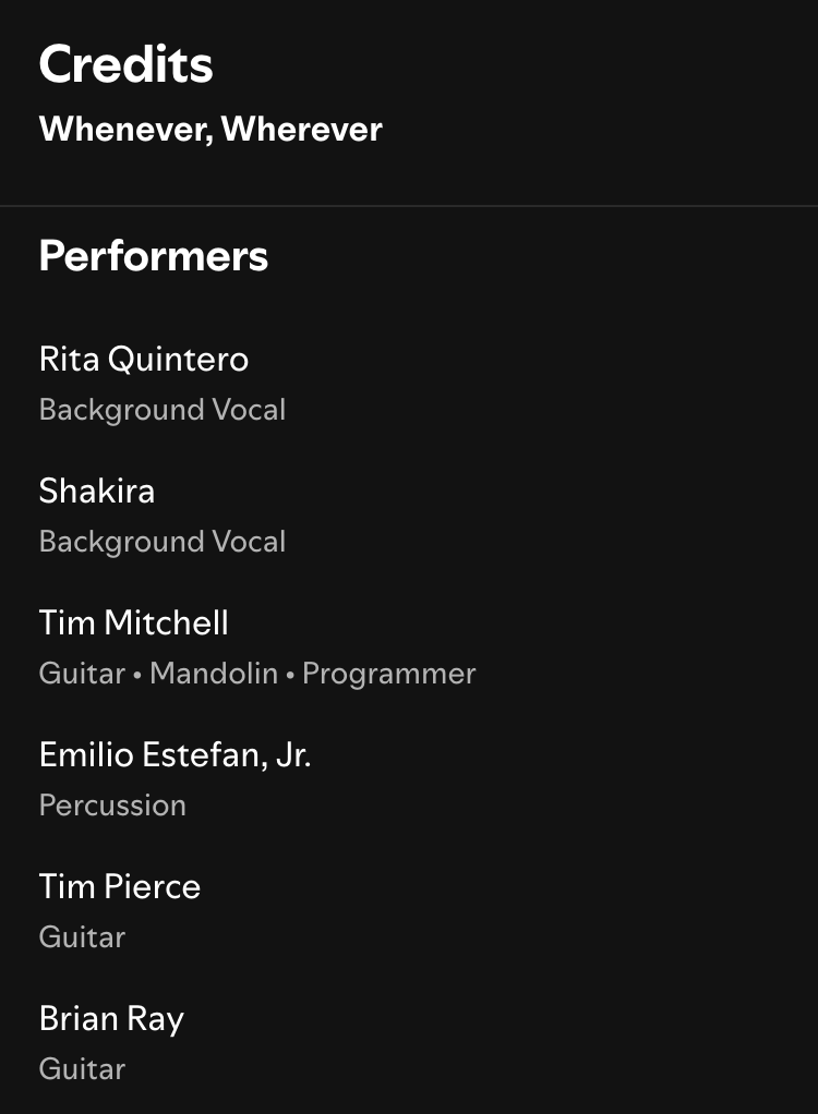 Rita Quintero performance credit on Shakira's Whenever, Wherever