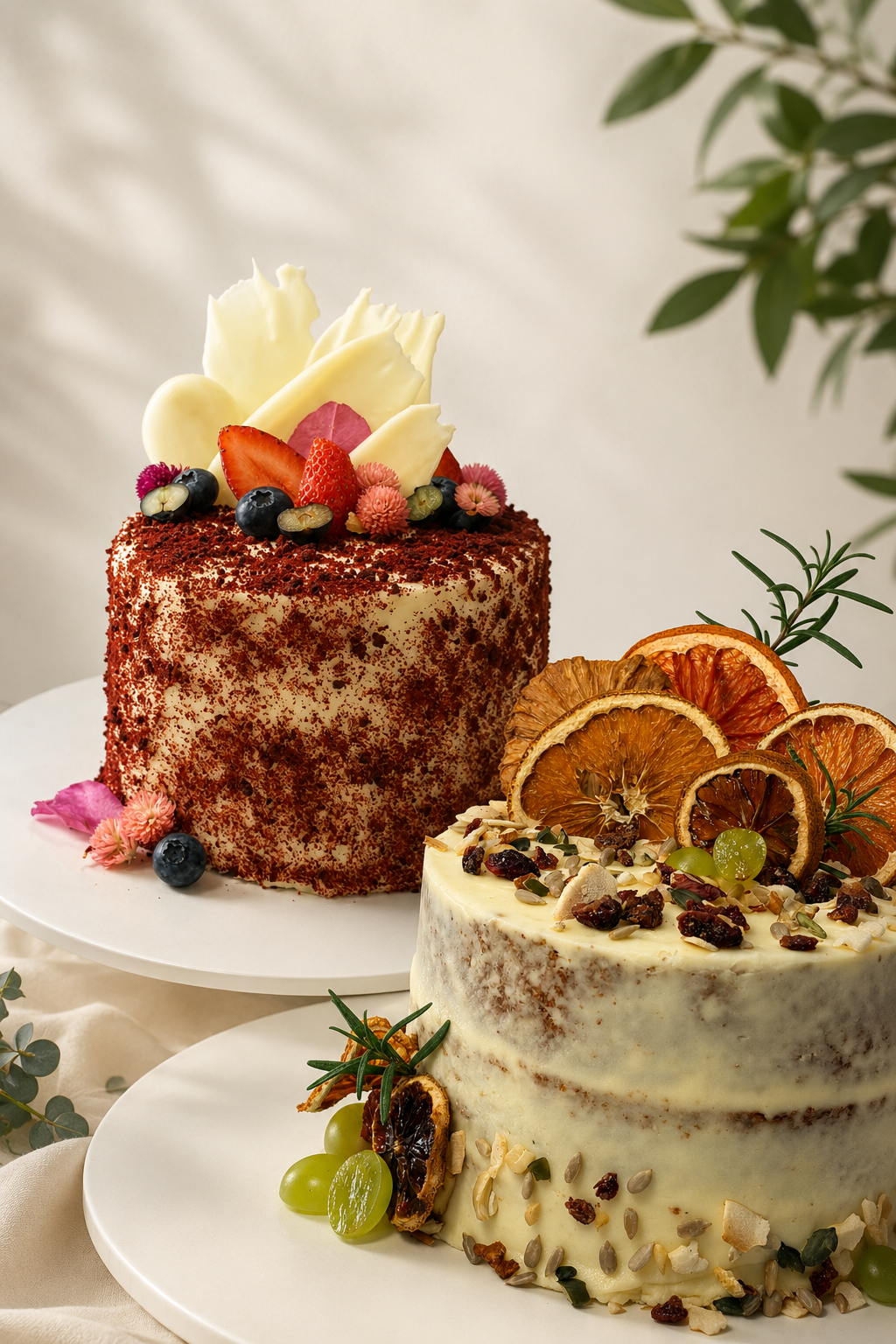 Two decorated cakes on white plates, one with white chocolate pieces, berries, and pink flowers, and the other with dried orange slices, grapes, and nuts on top. Green leaves and plants are in the background.