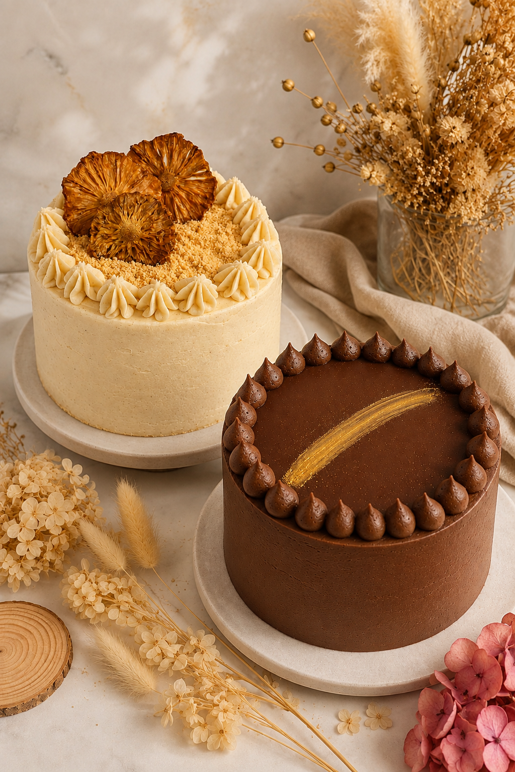 Two decorated cakes, one with vanilla frosting and dried flowers on top, and the other with chocolate frosting and a gold brushstroke, surrounded by dried flowers and a beige cloth.