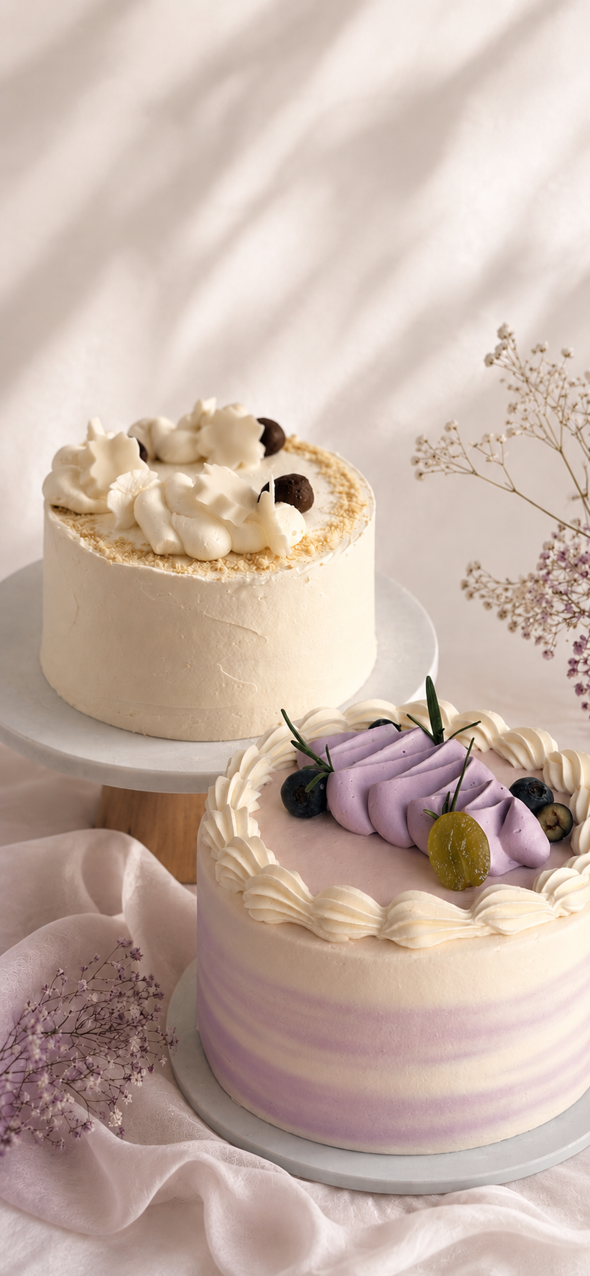 Two decorated cakes, one with white frosting, chocolate candies, and nuts, the other with purple frosting, blueberries, grapes, and cream, are displayed on a white cloth with floral accents.