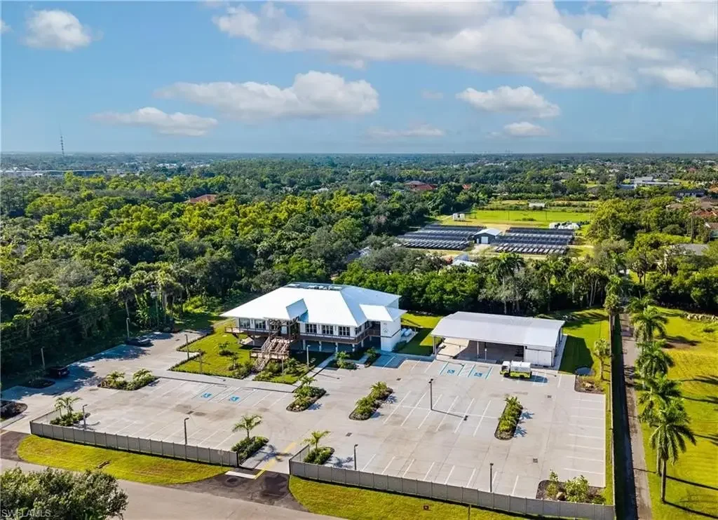 Aerial view of a large building with a white roof, surrounded by parking lot with several designated handicapped parking spaces, and lush green trees in the background under a partly cloudy sky.