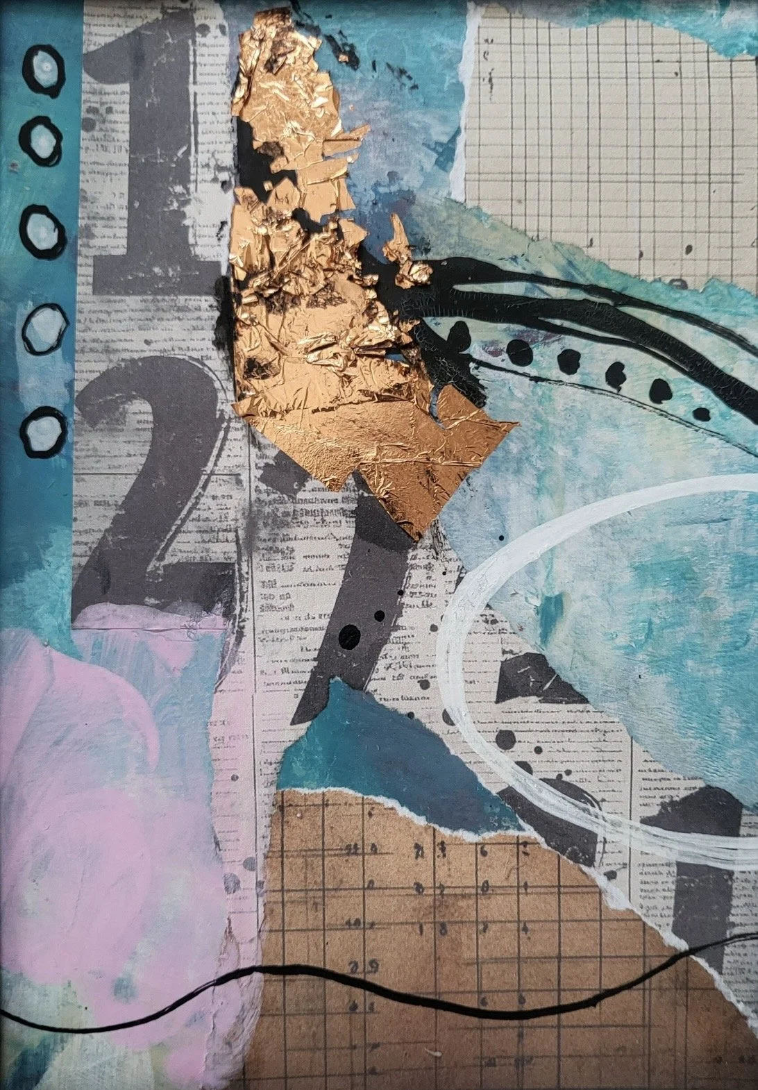 Mixed media artwork featuring torn paper, paint, and collage elements with blue, pink, and black accents on grid and newspaper background.