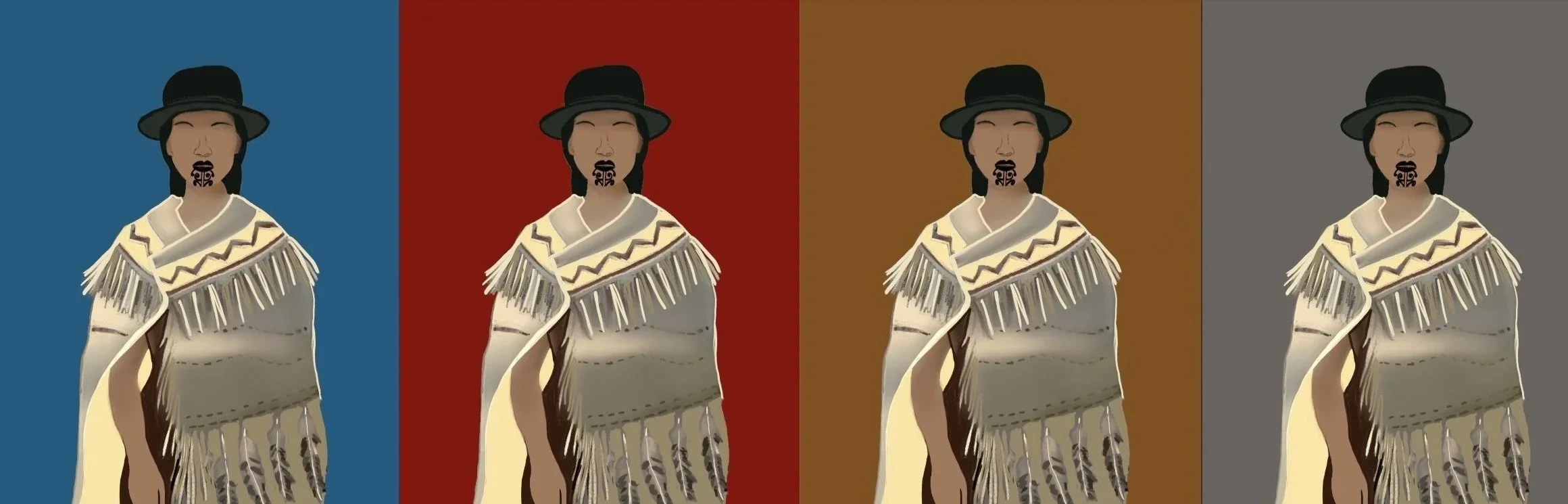 Stylized illustration of a person wearing a black hat, traditional jewelry, and a fringed shawl, depicted four times with different colored backgrounds: blue, red, orange, and gray.