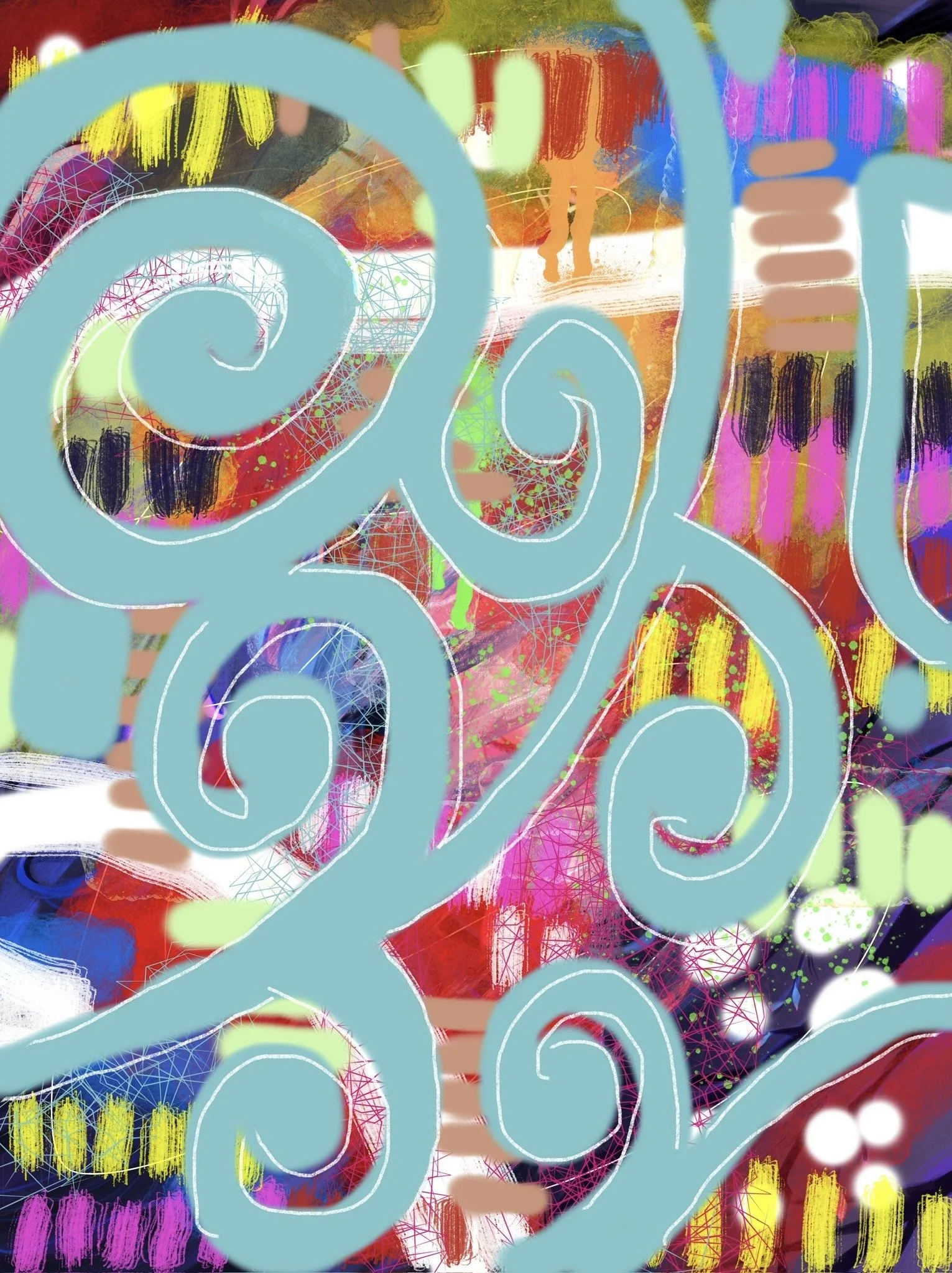 Abstract and colorful digital art with vibrant splashes of red, yellow, purple, black, and green, overlaid with large, light blue question marks.