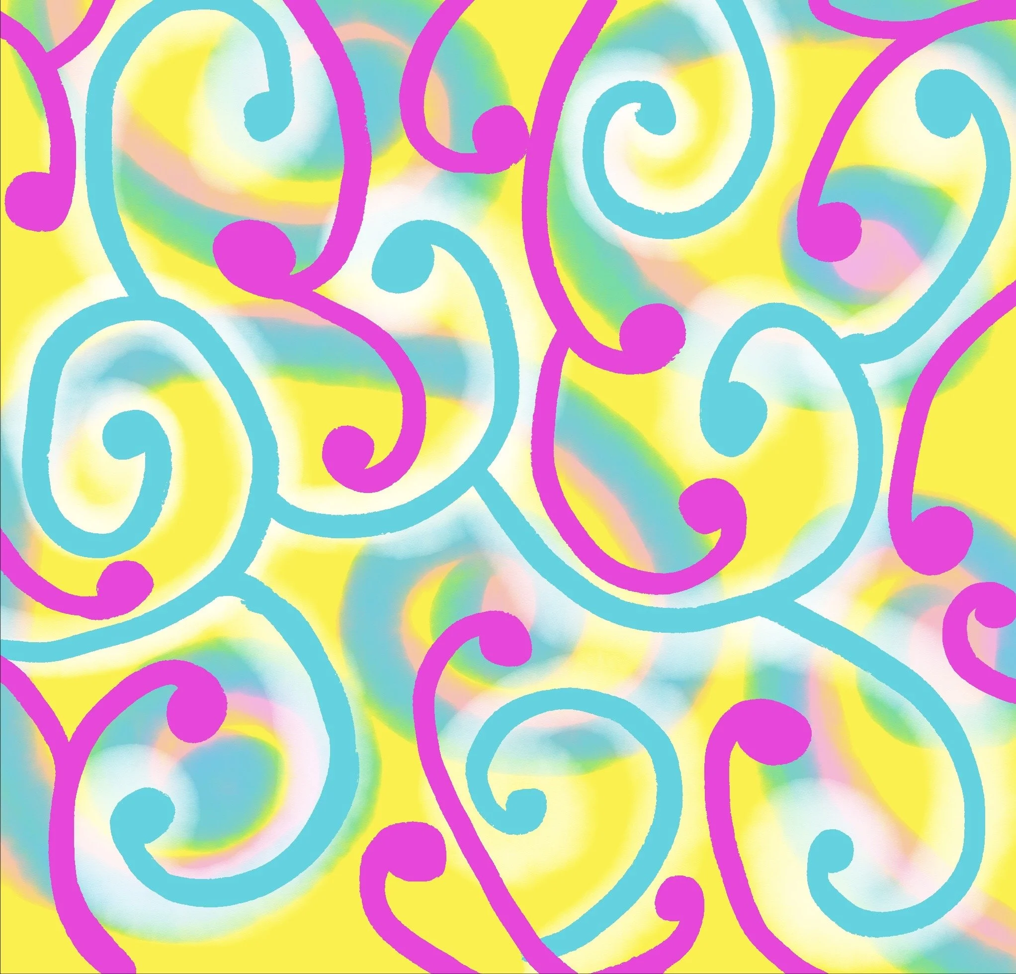 Colorful abstract background with pink, blue, yellow, and green swirling lines and circles.
