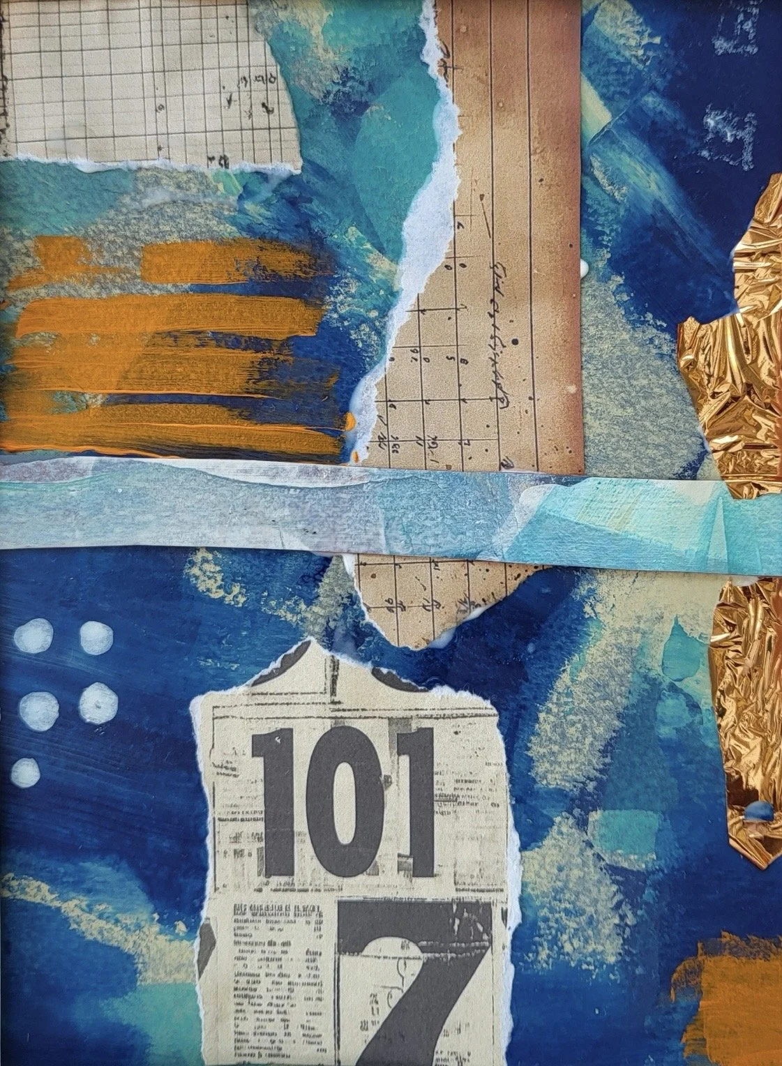 Mixed collage with torn pieces of paper, blue, gold, and white paint, and a list in black ink, featuring numbers and text, including the prominent number '101' and the number '7' in large font.