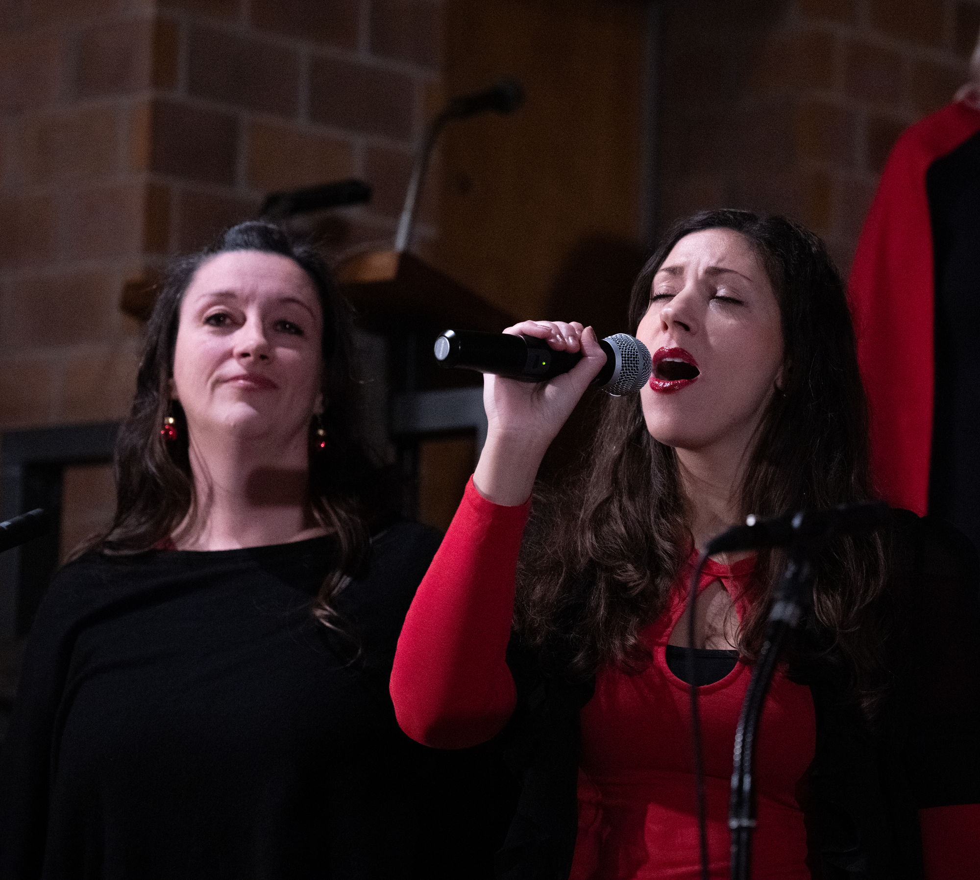 Zwei Frauen, eine singt mit einem Mikrofon, während die andere neben ihr steht, in einem Raum mit Holzwänden.
