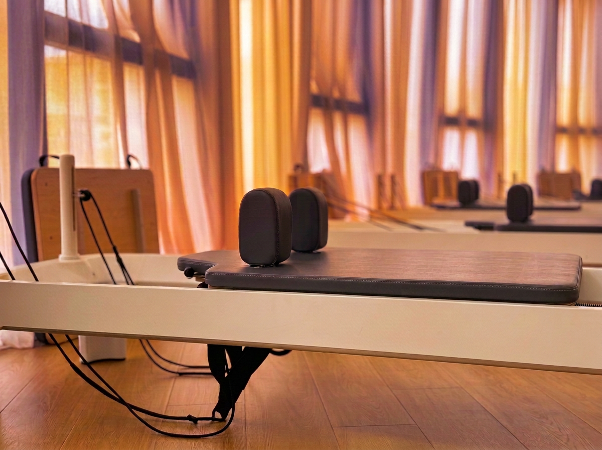 Rowing machine with black headrests on the seat, set against a background of large windows with orange curtains in a gym or fitness studio.
