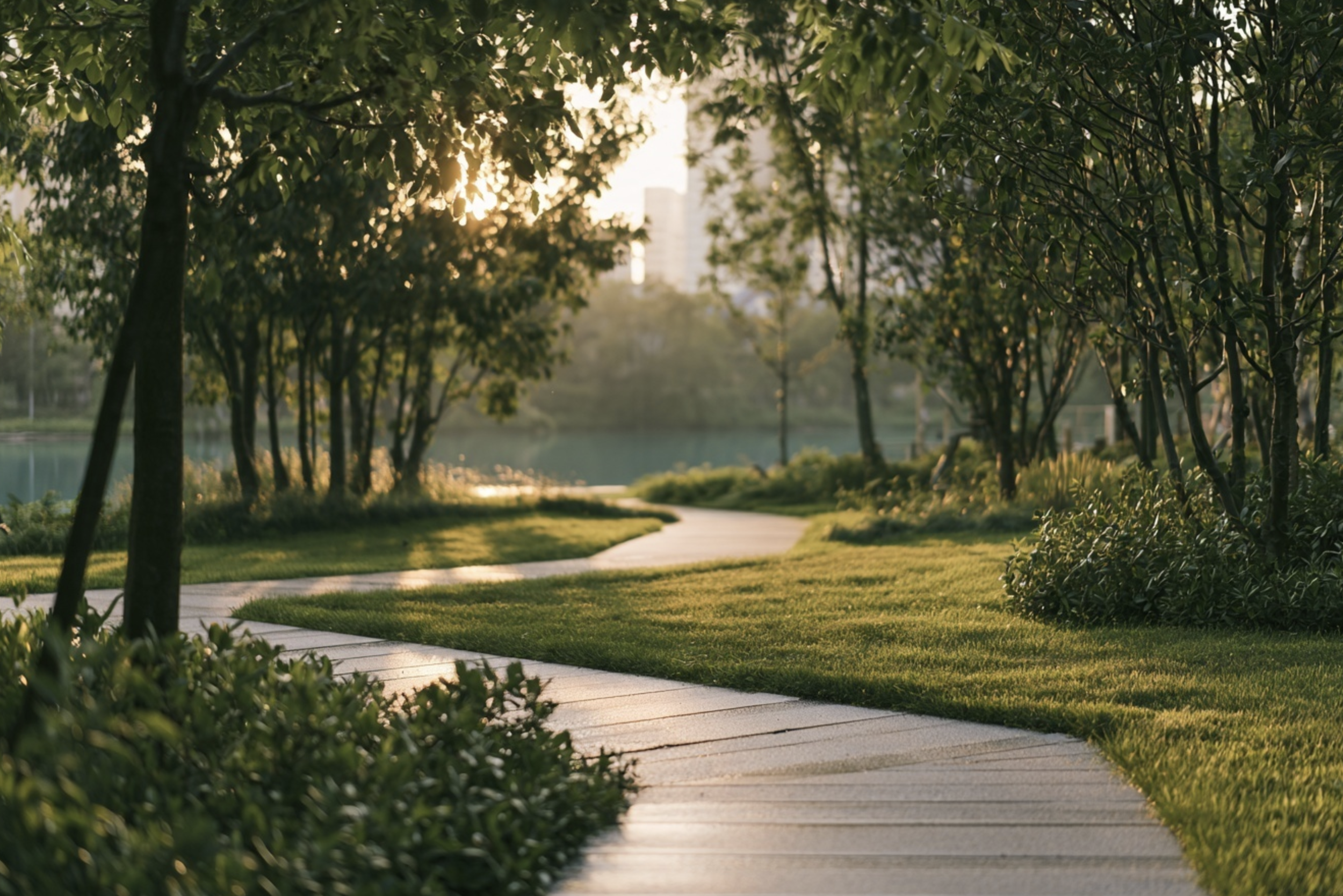 Sunset over a park with a winding pathway, surrounded by trees and greenery.
