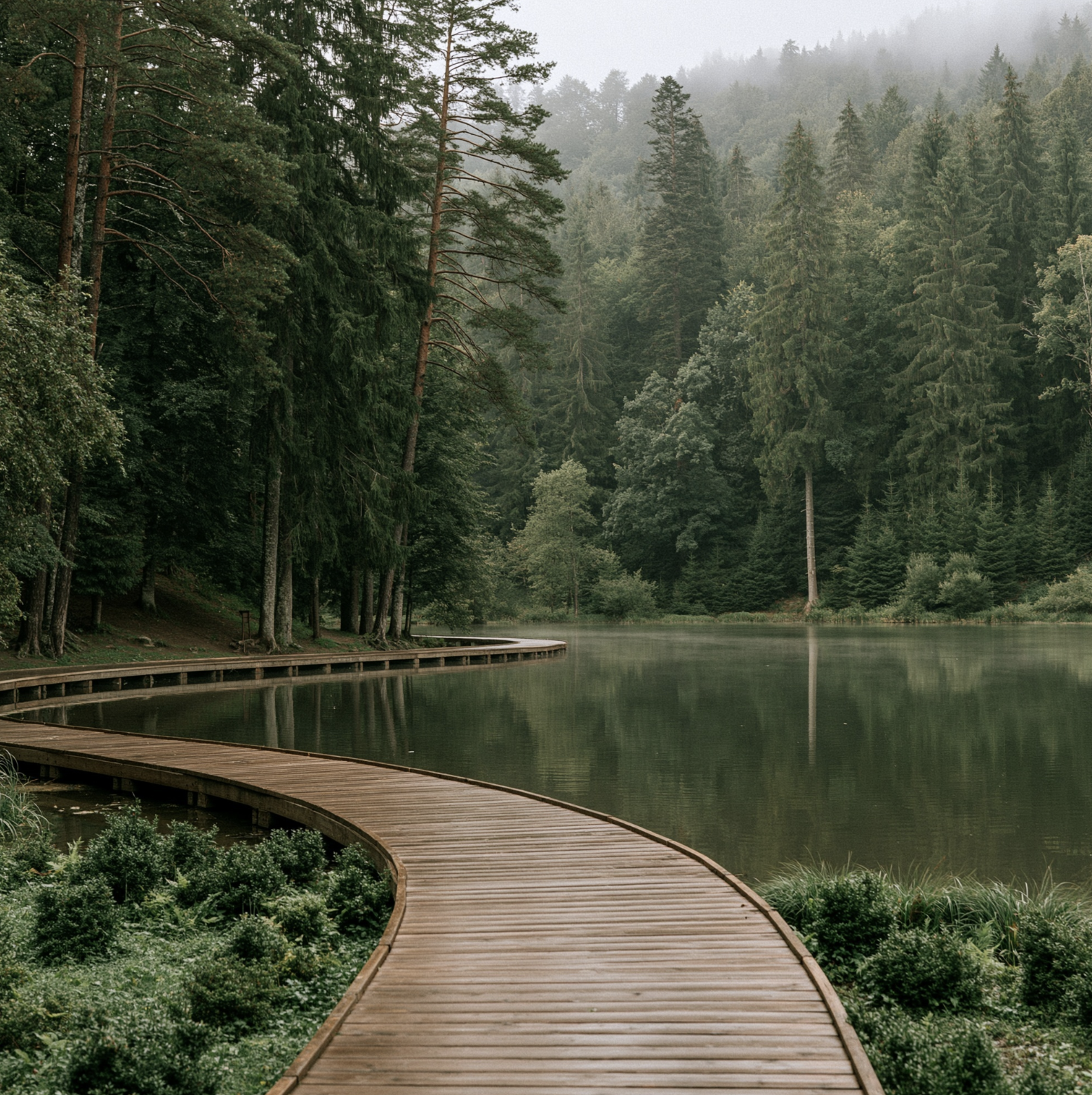 A winding wooden boardwalk running beside a calm lake, surrounded by dense evergreen forest with misty mountains in the background.