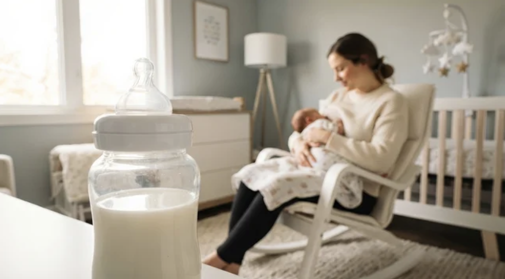 A mother feeding a baby in a nursery with a bottle of milk in the foreground.