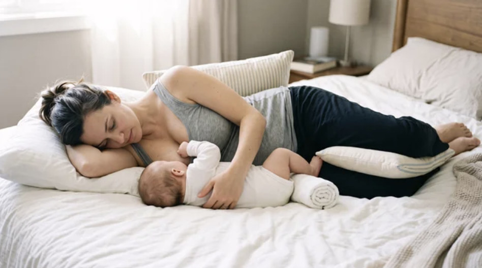 Woman lying on her side in bed, breastfeeding her infant.