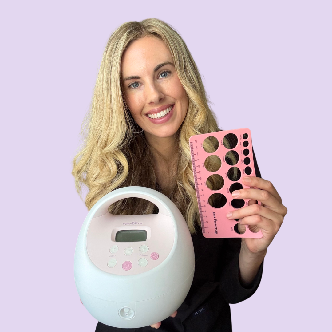 A woman with long blonde hair smiling and holding a pink nail polish planning template and a white medical device against a light purple background.