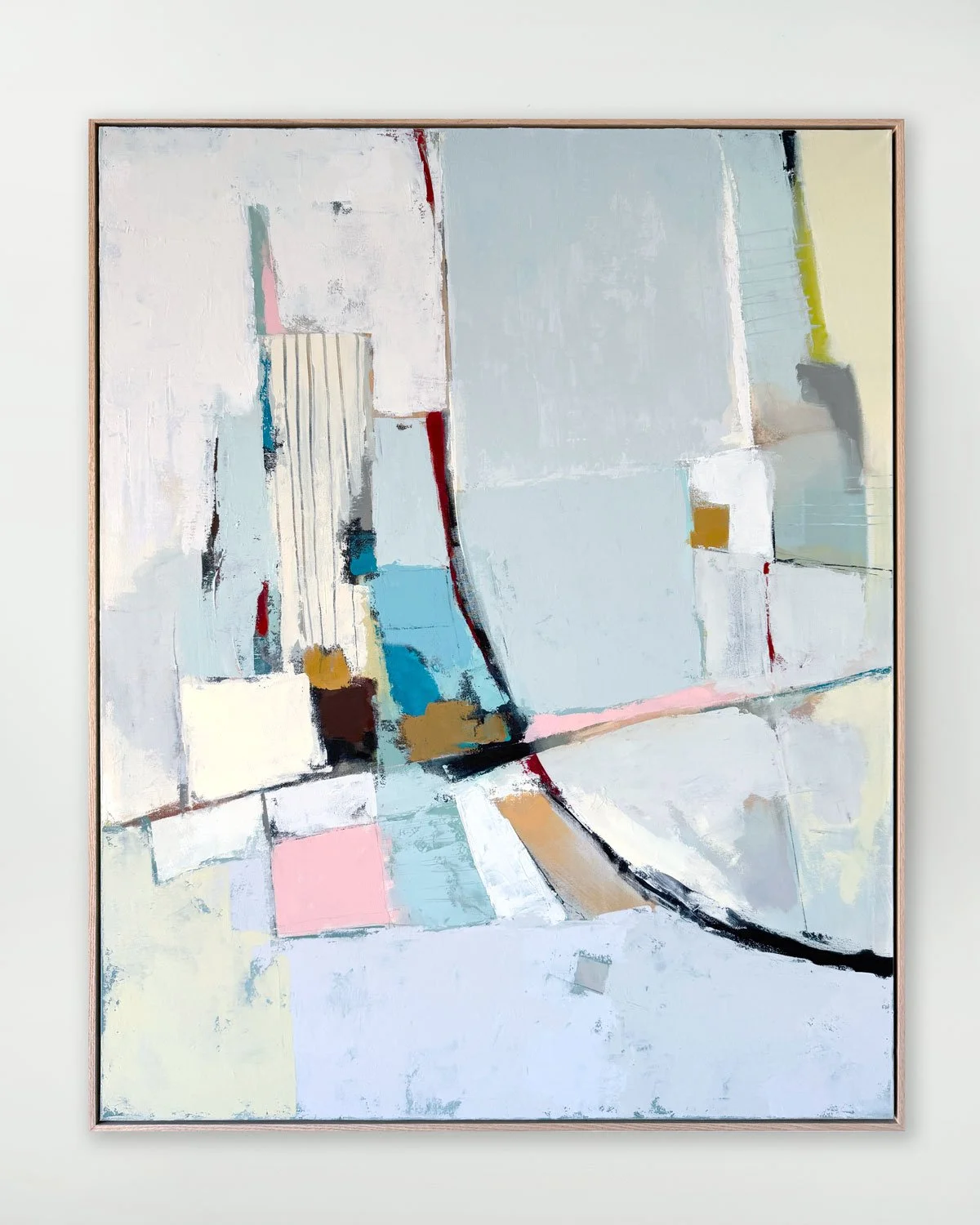Abstract painting with pastel colors, featuring large blocks of light blue, white, pink, and accents of black, red, yellow, and brown.