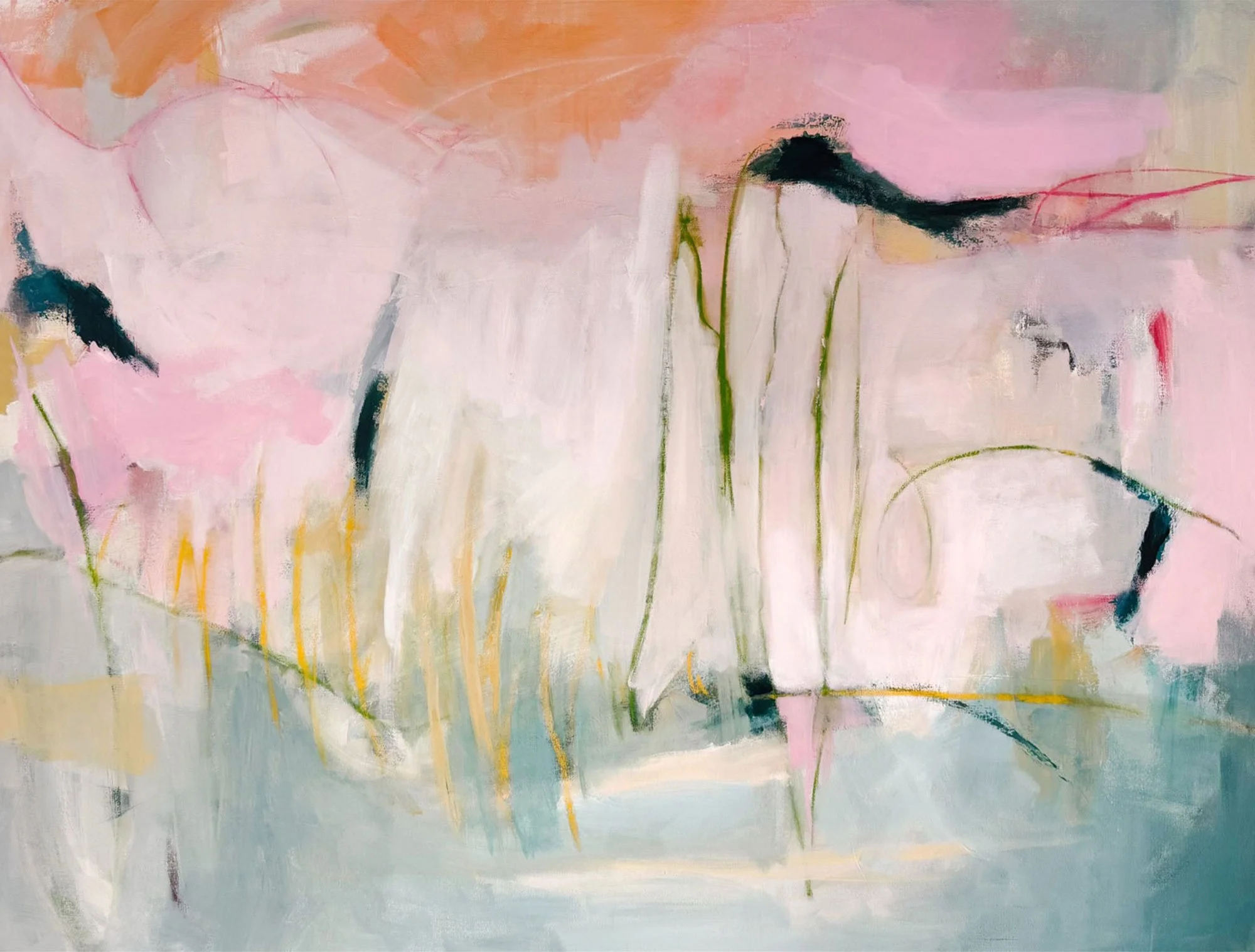 An abstract painting with soft pastel colors including pink, peach, light green, and hints of black and yellow, featuring delicate lines and broad brushstrokes.