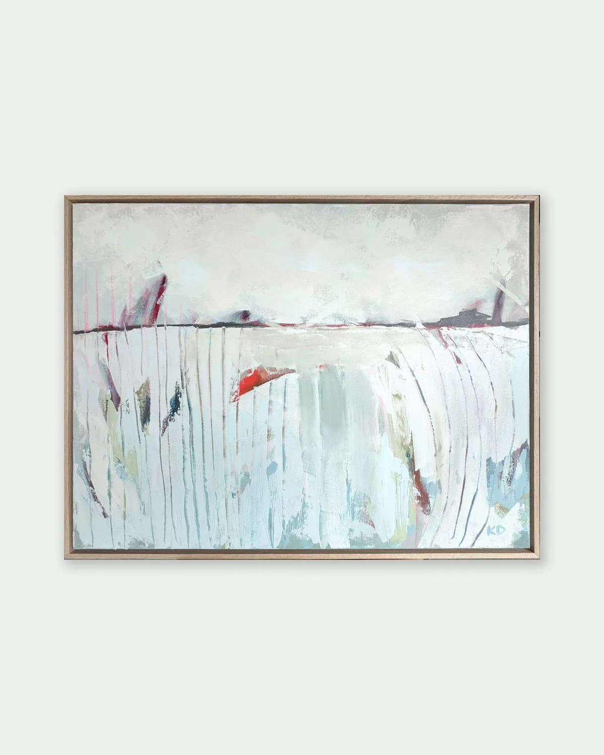 Abstract landscape painting with muted colors, featuring a distant horizon and vertical streaks, framed in wood.
