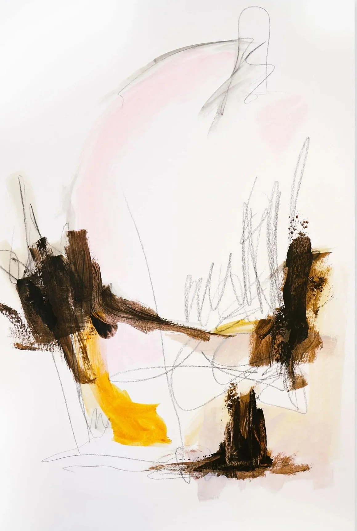Abstract drawing with light pink, yellow, brown, black, and gray strokes and lines on white paper.