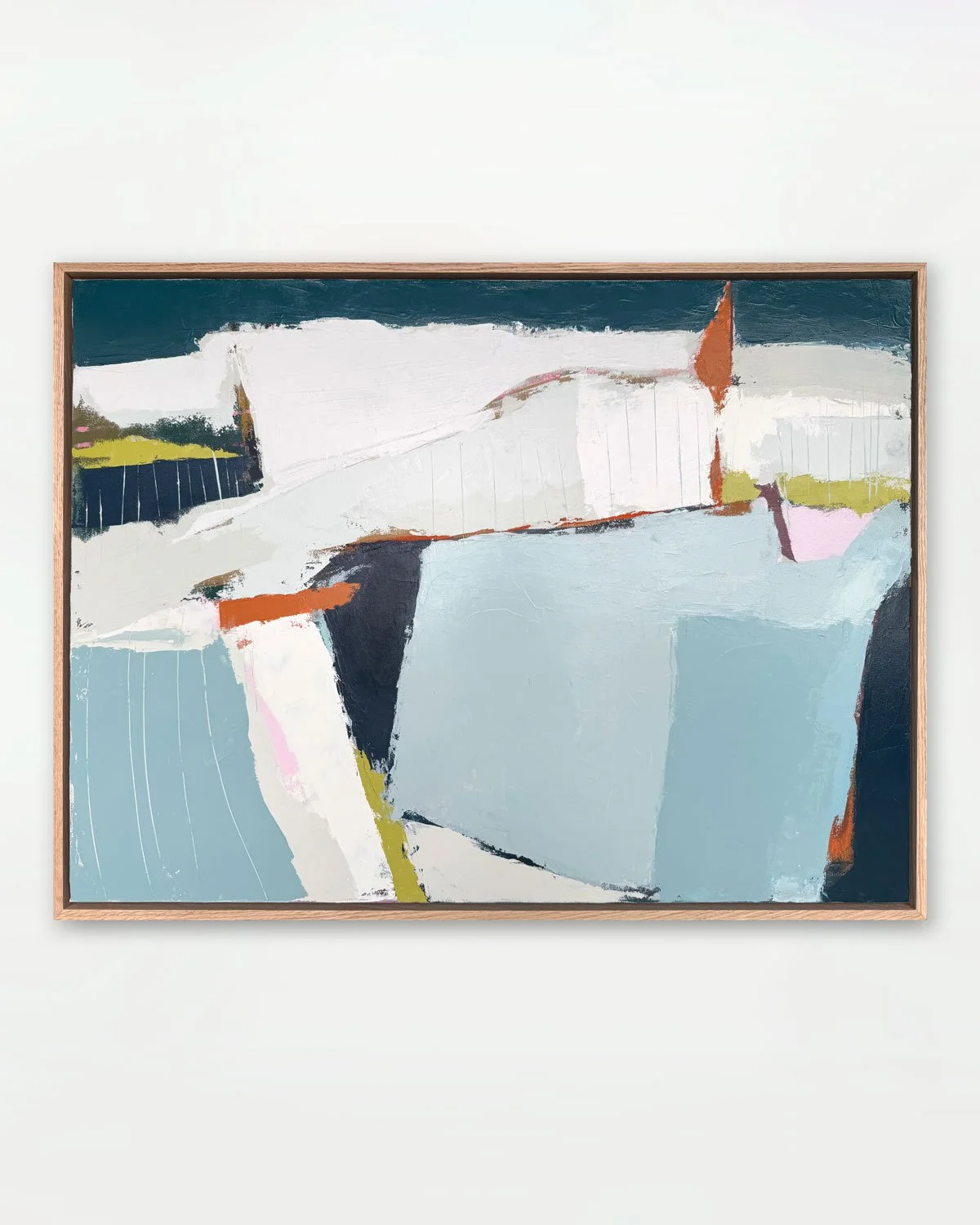 Abstract painting with various blocks of color, including navy blue, white, light blue, black, pink, orange, and yellow, framed in light wood.