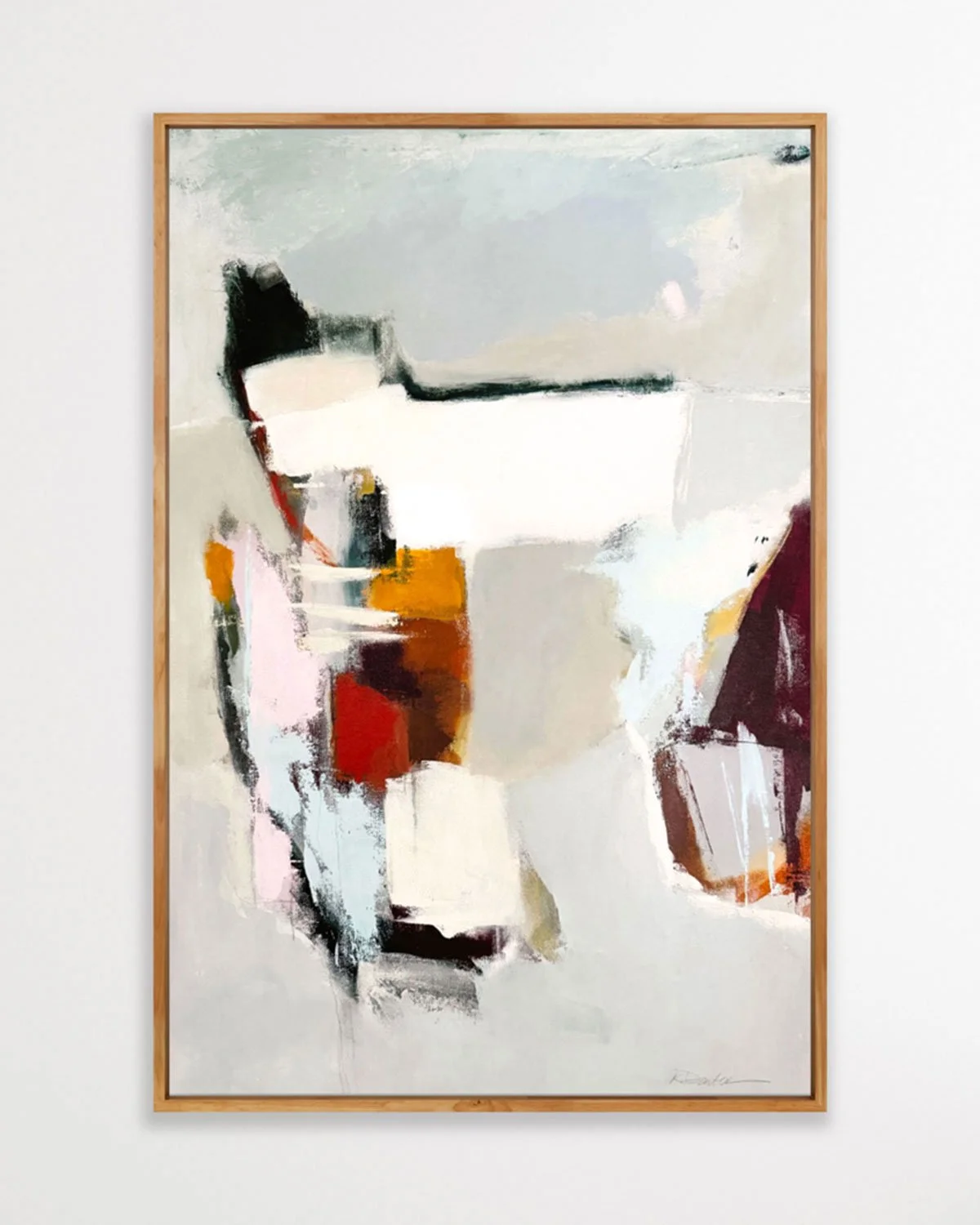 Abstract colorful painting with shades of white, gray, black, red, yellow, pink, and maroon, framed in a wooden frame.