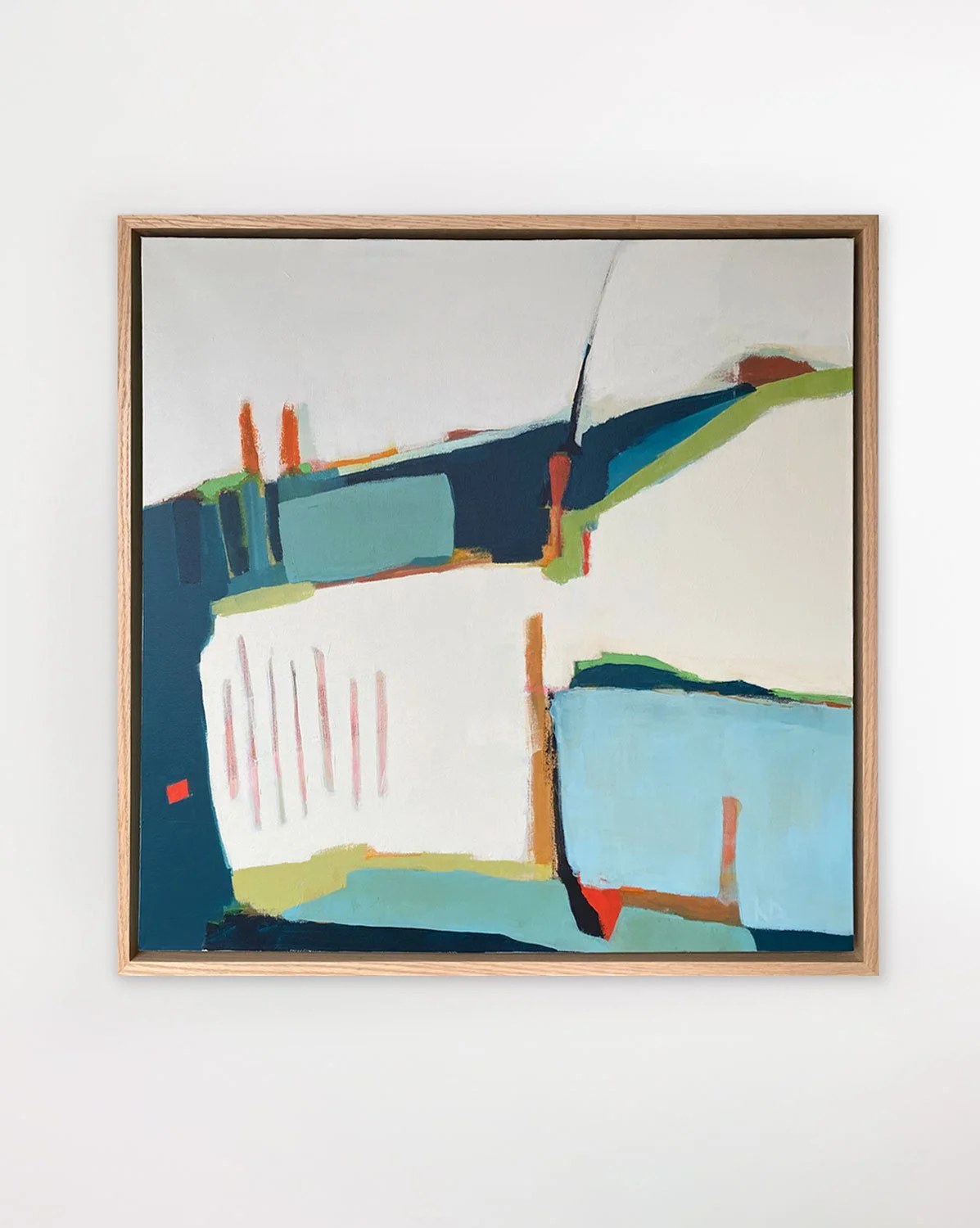 Abstract painting with blocks and lines in blue, green, orange, red, and white, framed and hanging on a white wall.