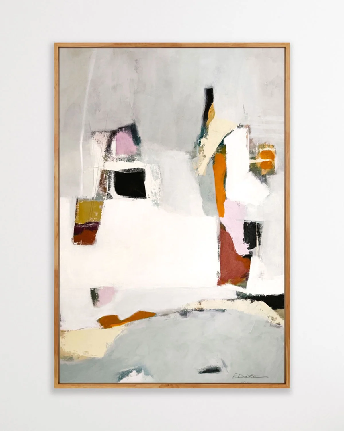 Abstract painting with various geometric shapes and colors including black, pink, yellow, orange, red, and white, framed in wood. The painting is on a white wall.