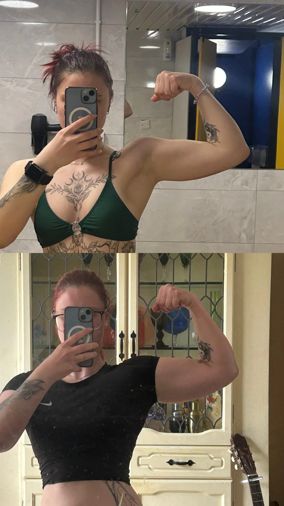 Side-by-side mirror selfies of two women Flexing their biceps, one with tattoos and wearing a green bikini top, the other with glasses and a black shirt, in a home setting.