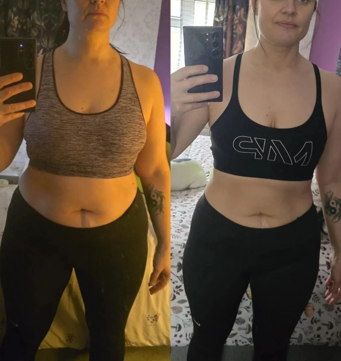 Side-by-side photos of a woman showing her weight loss transformation, wearing workout clothes, taking mirror selfies in different rooms.