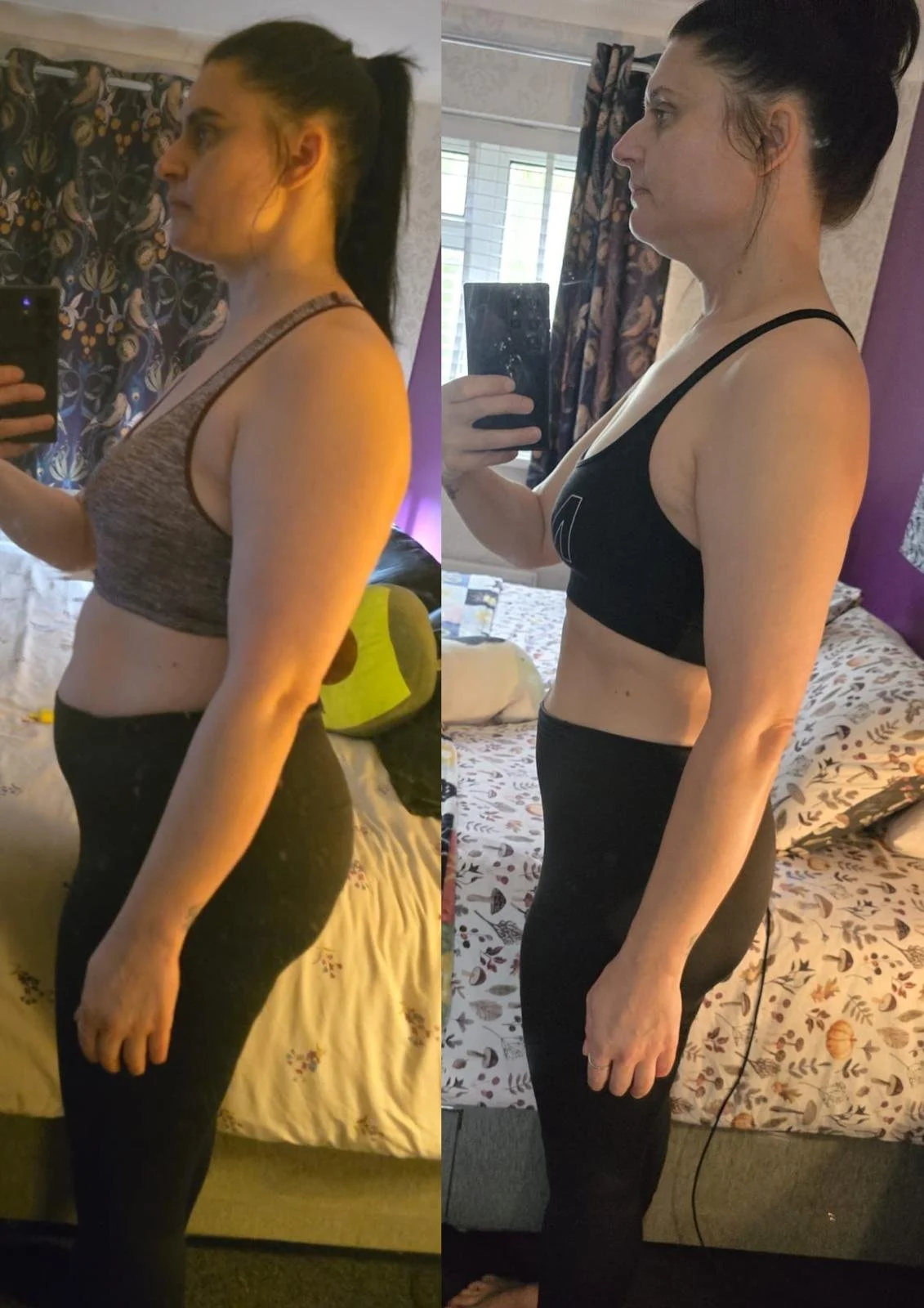 Side-by-side comparison of a woman taking mirror selfies, showing her progress. In the left image, she wears a gray sports bra and black leggings, appearing at an earlier stage. In the right image, she wears a black sports bra and black leggings, showing a slimmer appearance. The background includes a bed, curtains, and a mirror. She has dark hair pulled back in a ponytail.