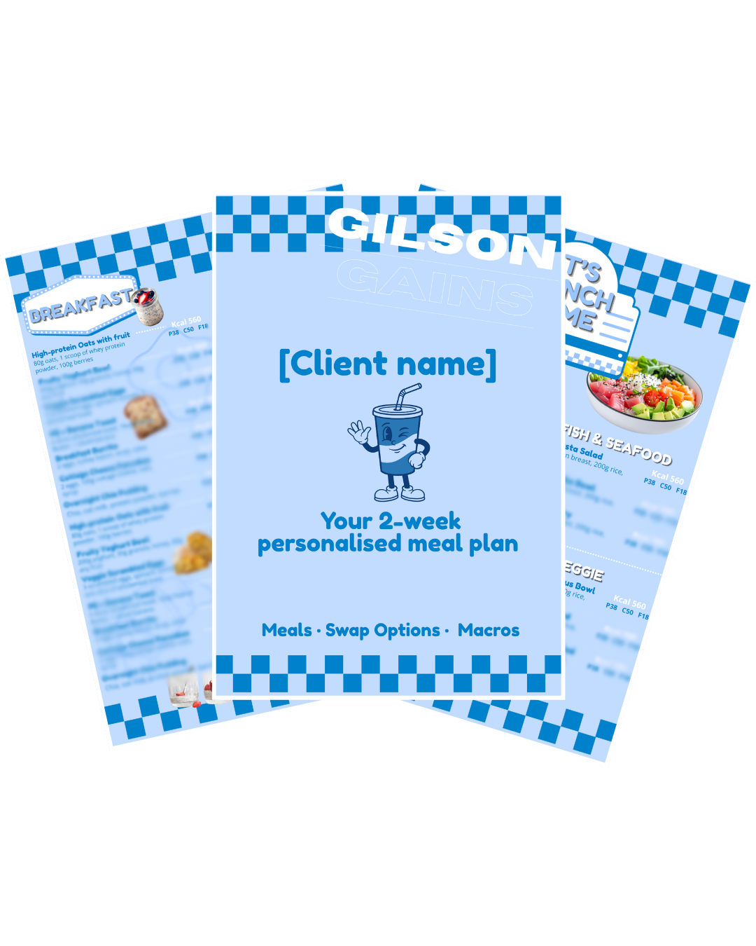 A printed meal planning guide titled "Gilson Gains" offering a two-week personalized meal plan with options to swap meals and macros, featuring a cartoon beverage mascot and menu pages for breakfast and lunch.