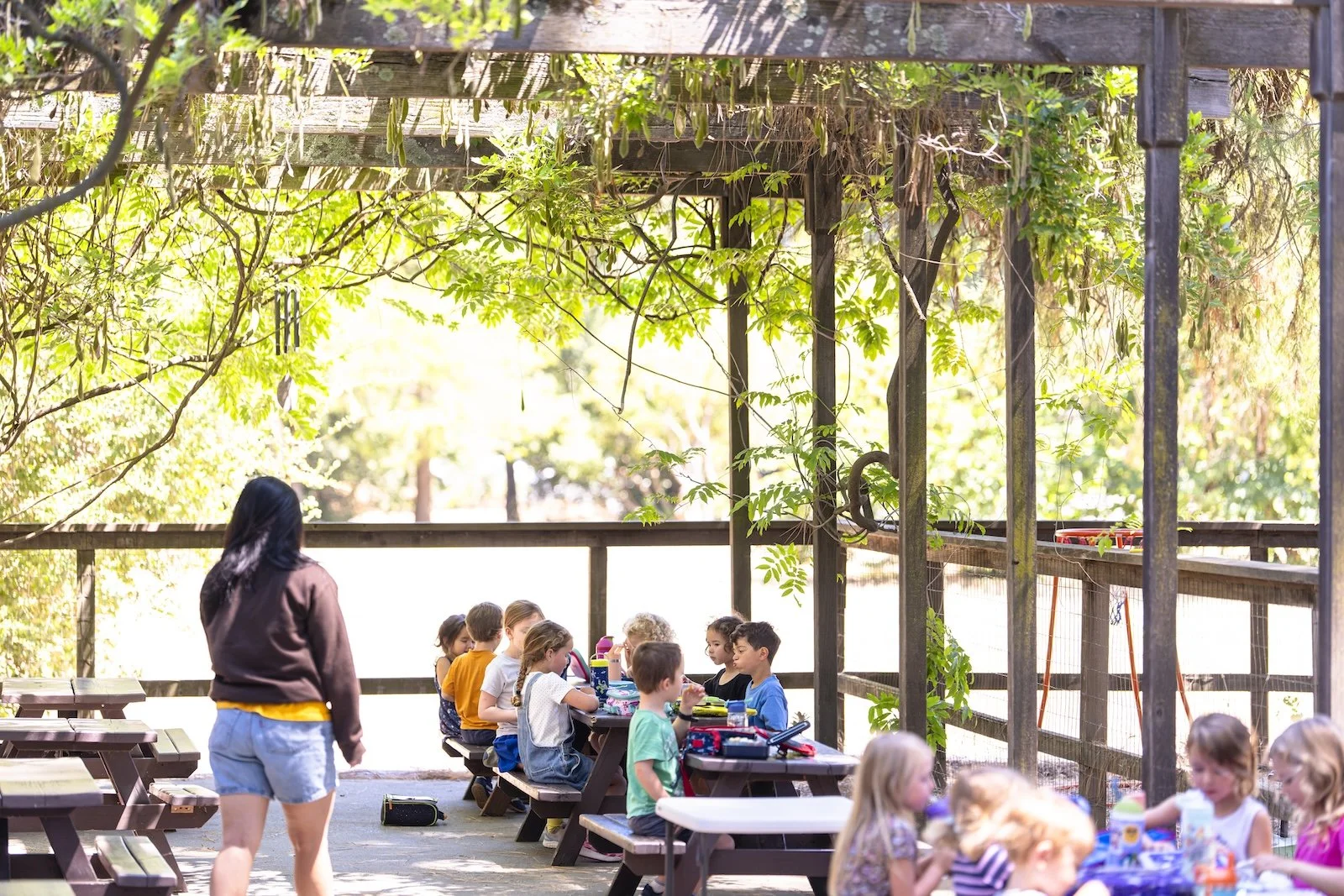 Children sitting at picnic tables outdoors, supervised by a woman, with trees and a wooden fence in the background.