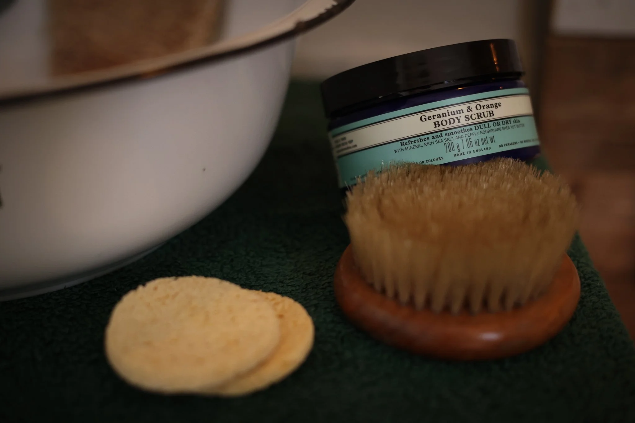 Nea's Yard Remedies geranium and orange body scrub, used in our Mini Treats, for example our back scrub or foot bath and scrub.