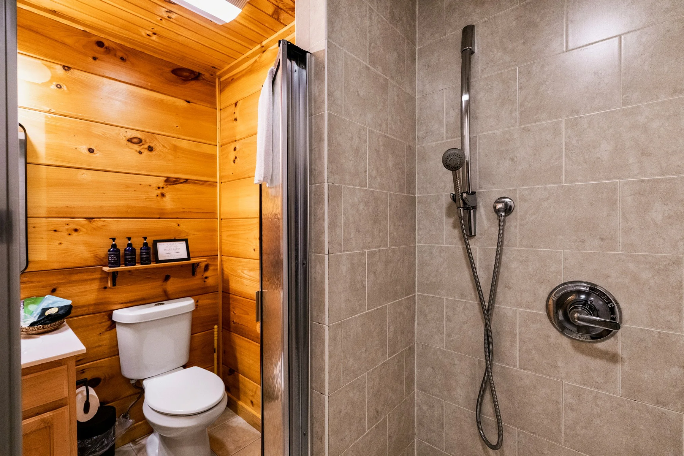  Blue Sage Hideaway lower level glass door shower with dual shower head