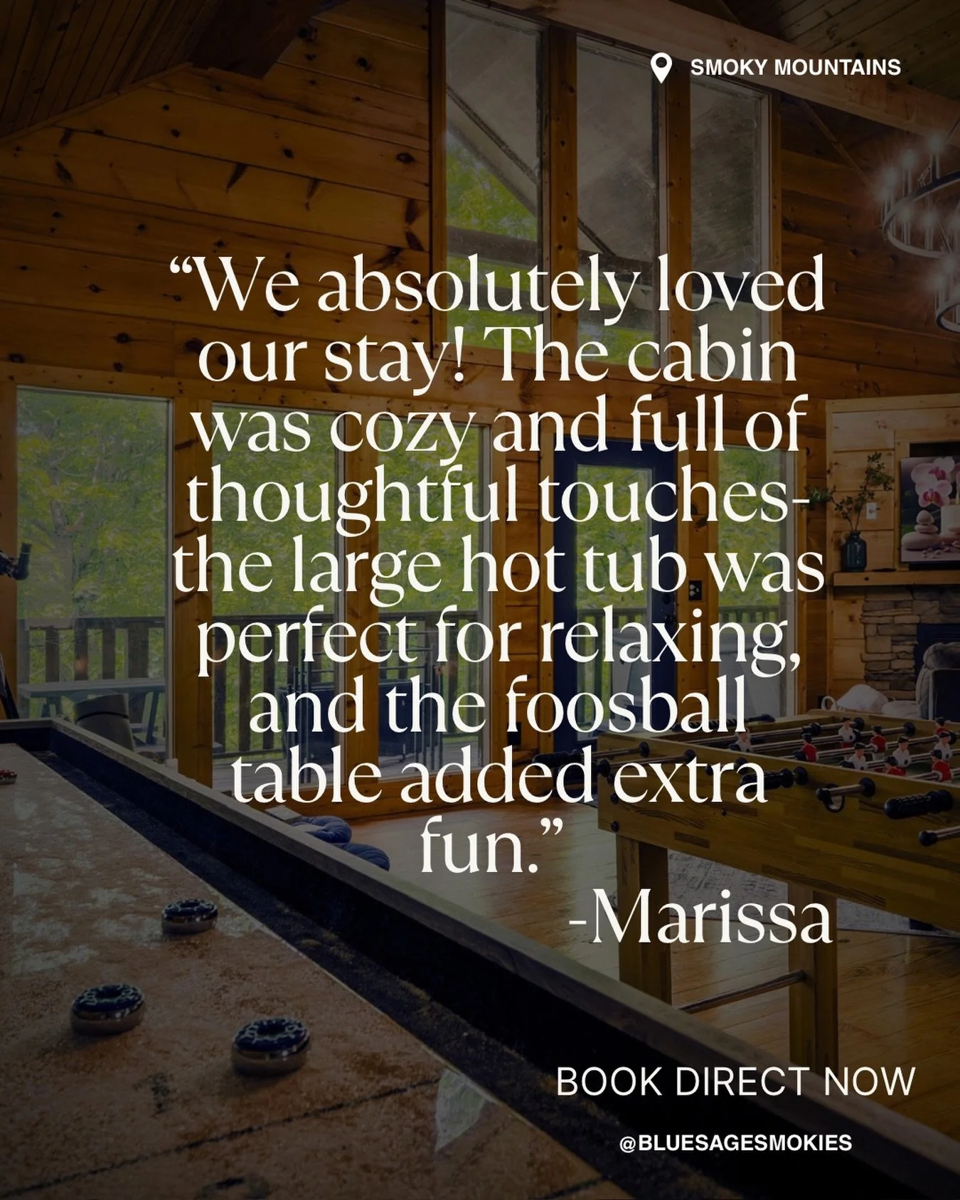 Cozy cabin ✔️ Big hot tub ✔️ Foosball rematches ✔️
"Full of thoughtful touches," says Marissa, and we'll gladly take that compliment.
Thank you for staying with us, Marissa! 🌿 Book direct, link in bio.
#bluesagesmokies #guestreview #smokym
