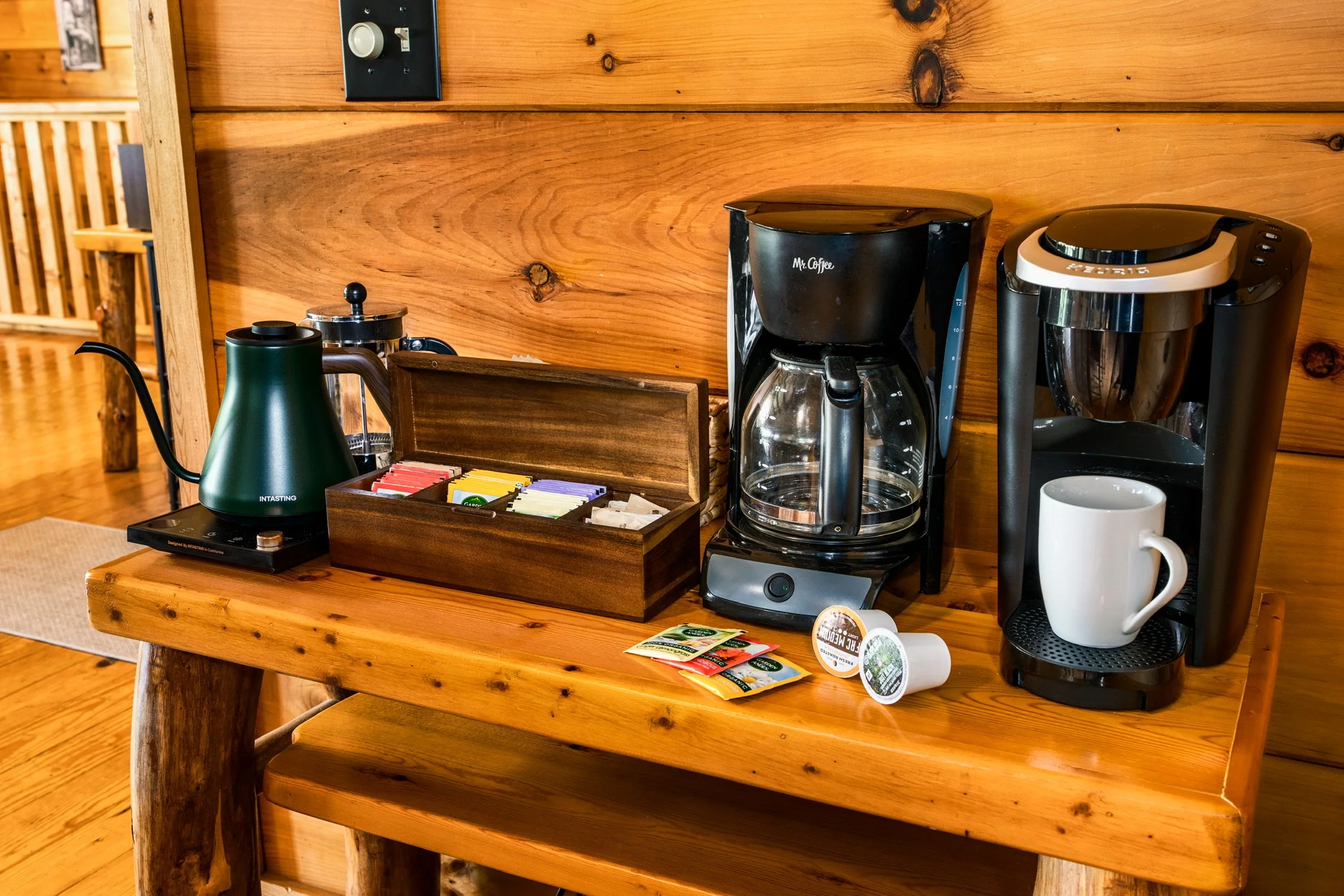 Blue Sage Hideaway coffee maker and French press station