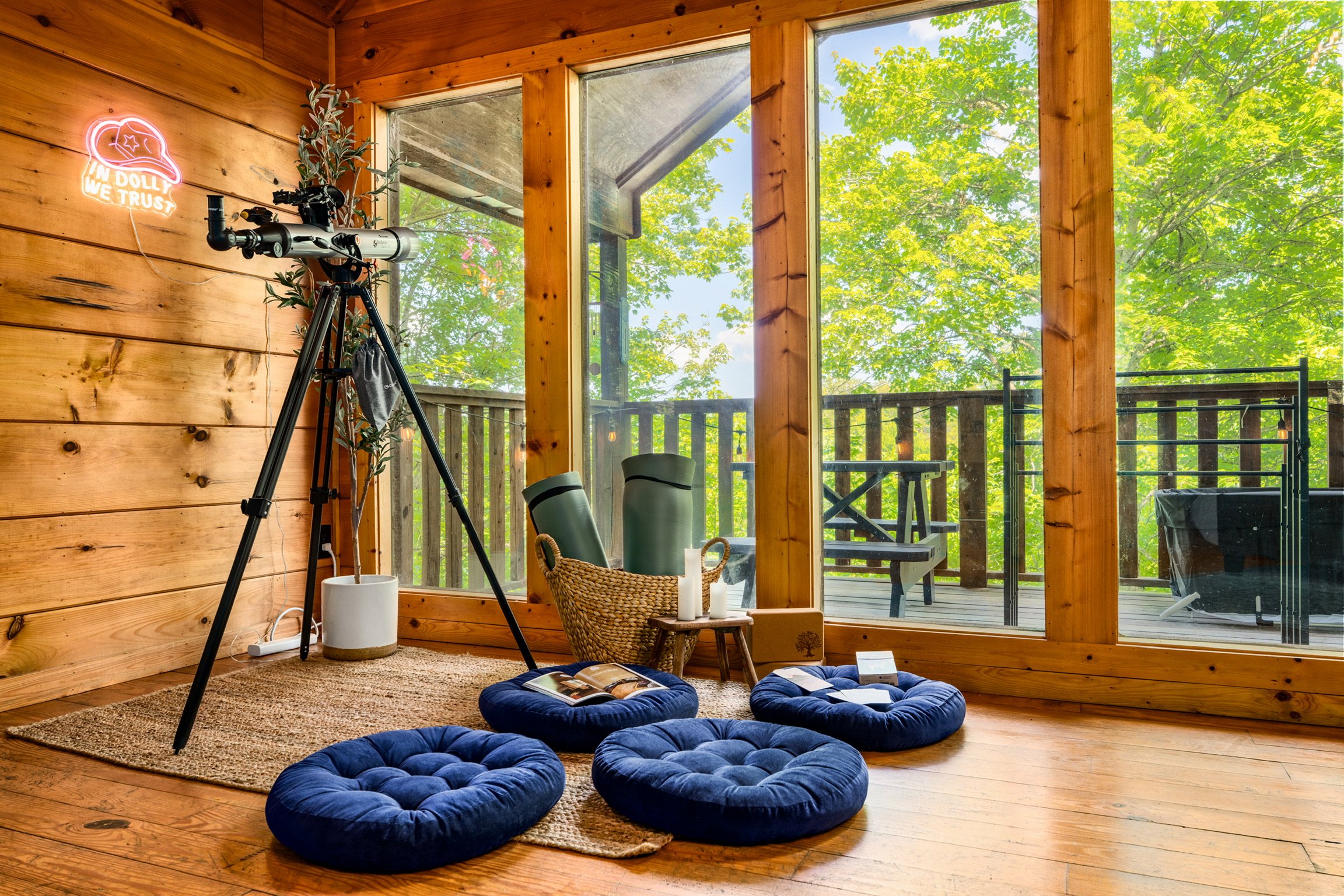 Blue Sage Hideaway meditation nook with floor cushions and telescope