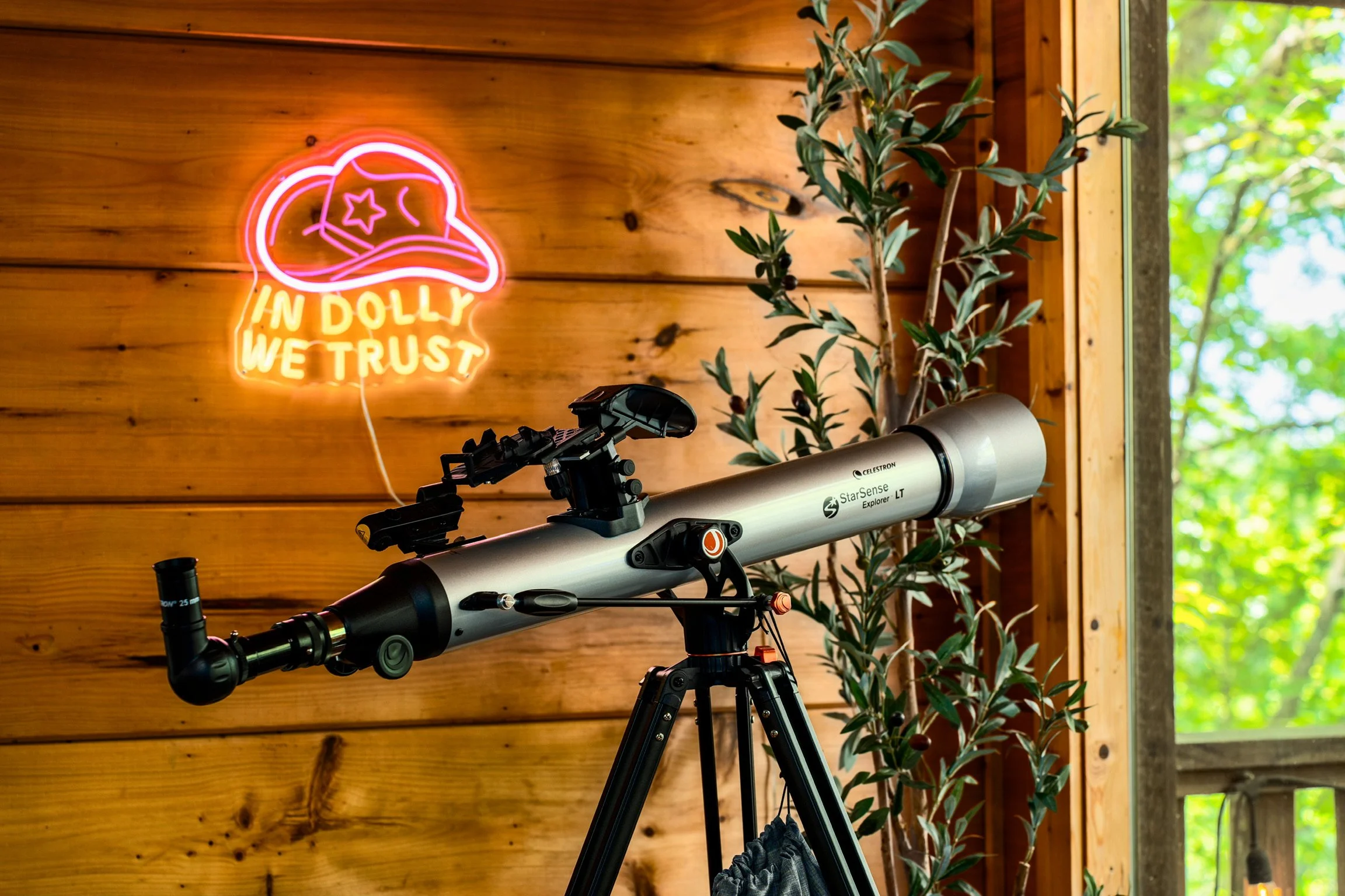 Indoor scene with wood-paneled wall, neon sign that says 'In Dolly We Trust' featuring a hat with a star and crescent moon, a telescope, and a potted plant near a window with green foliage outside.