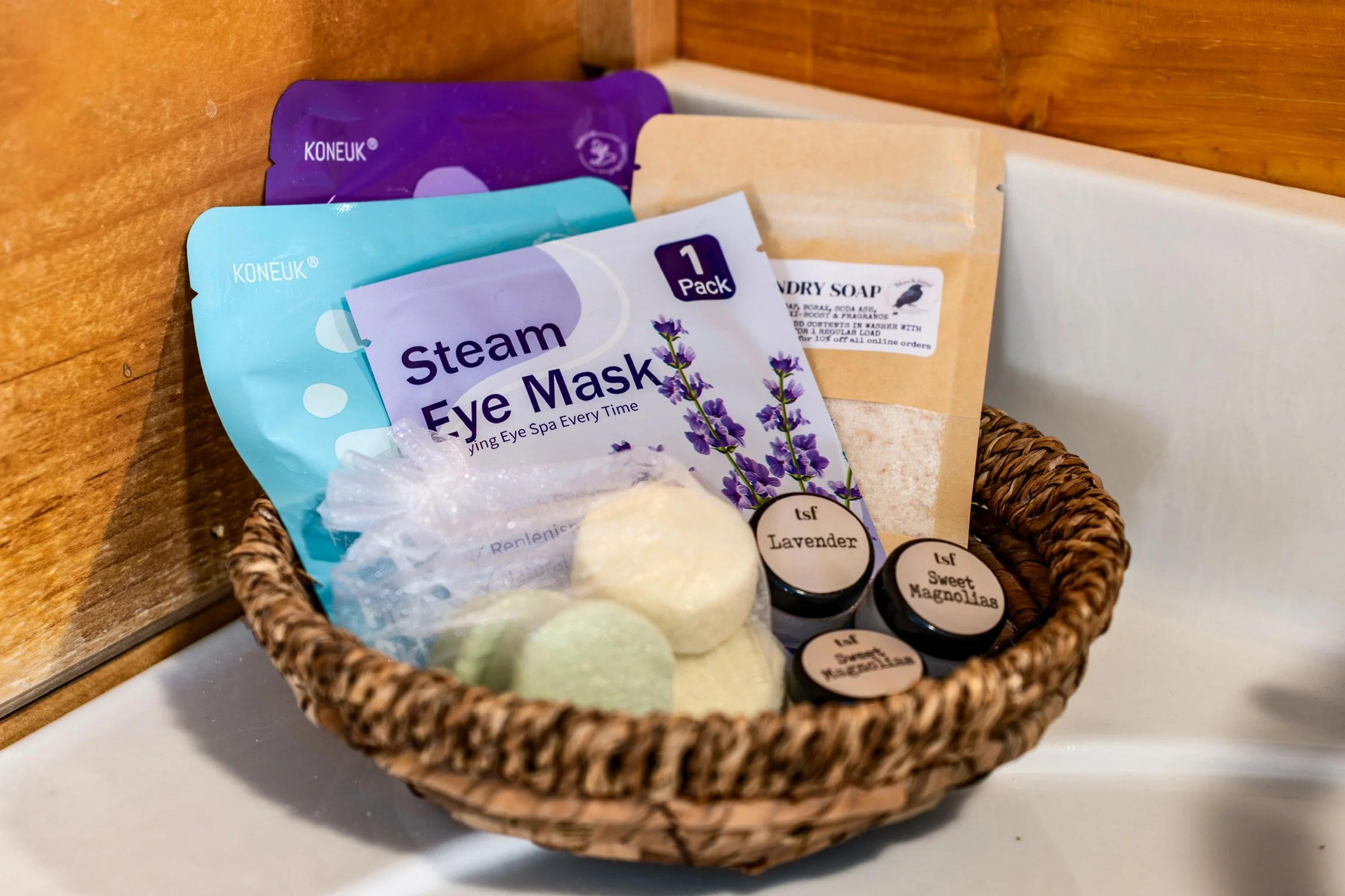 Blue Sage Hideaway bathroom spa basket with soaps and eye masks