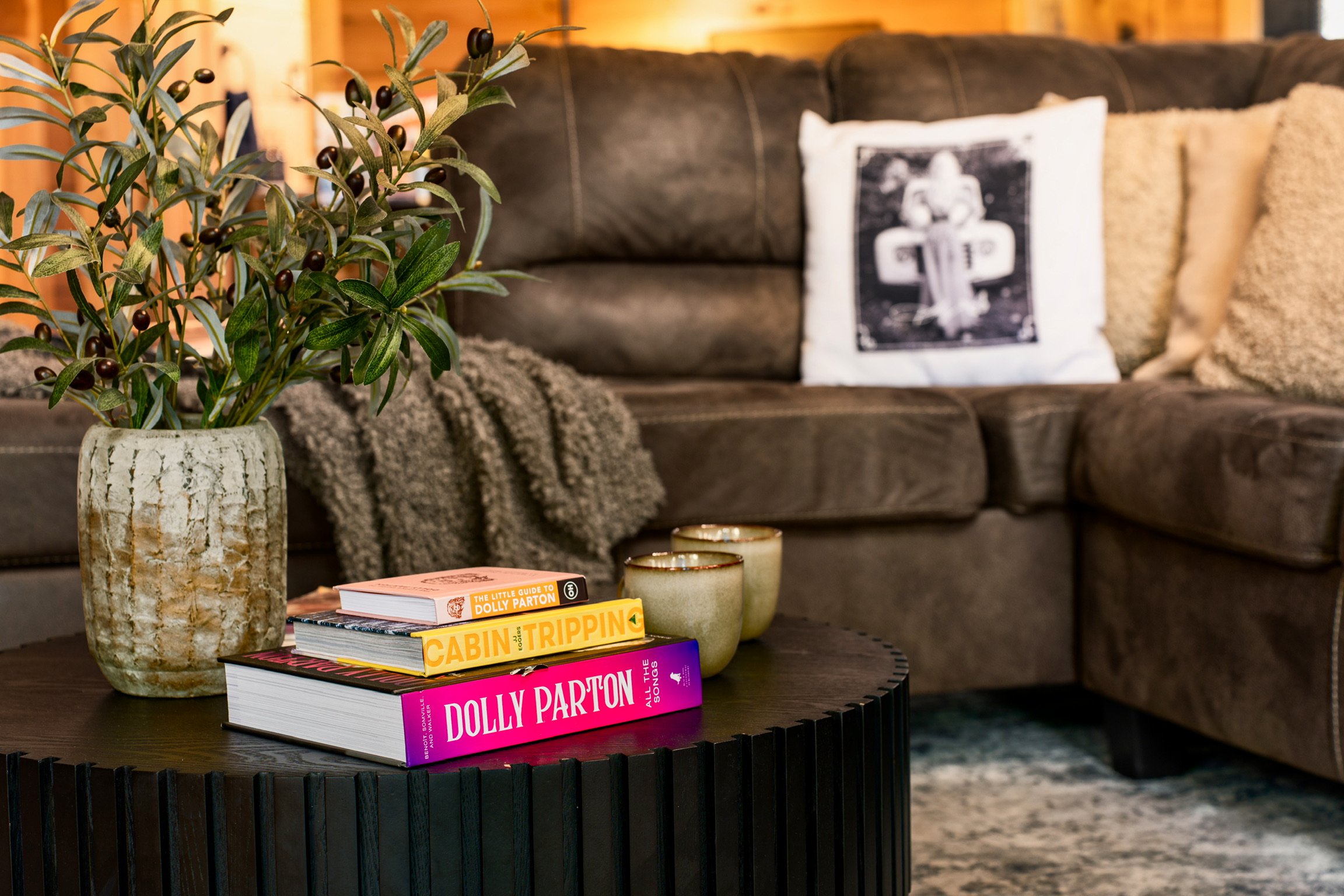 Blue Sage Hideaway coffee table with books and decorative plant 