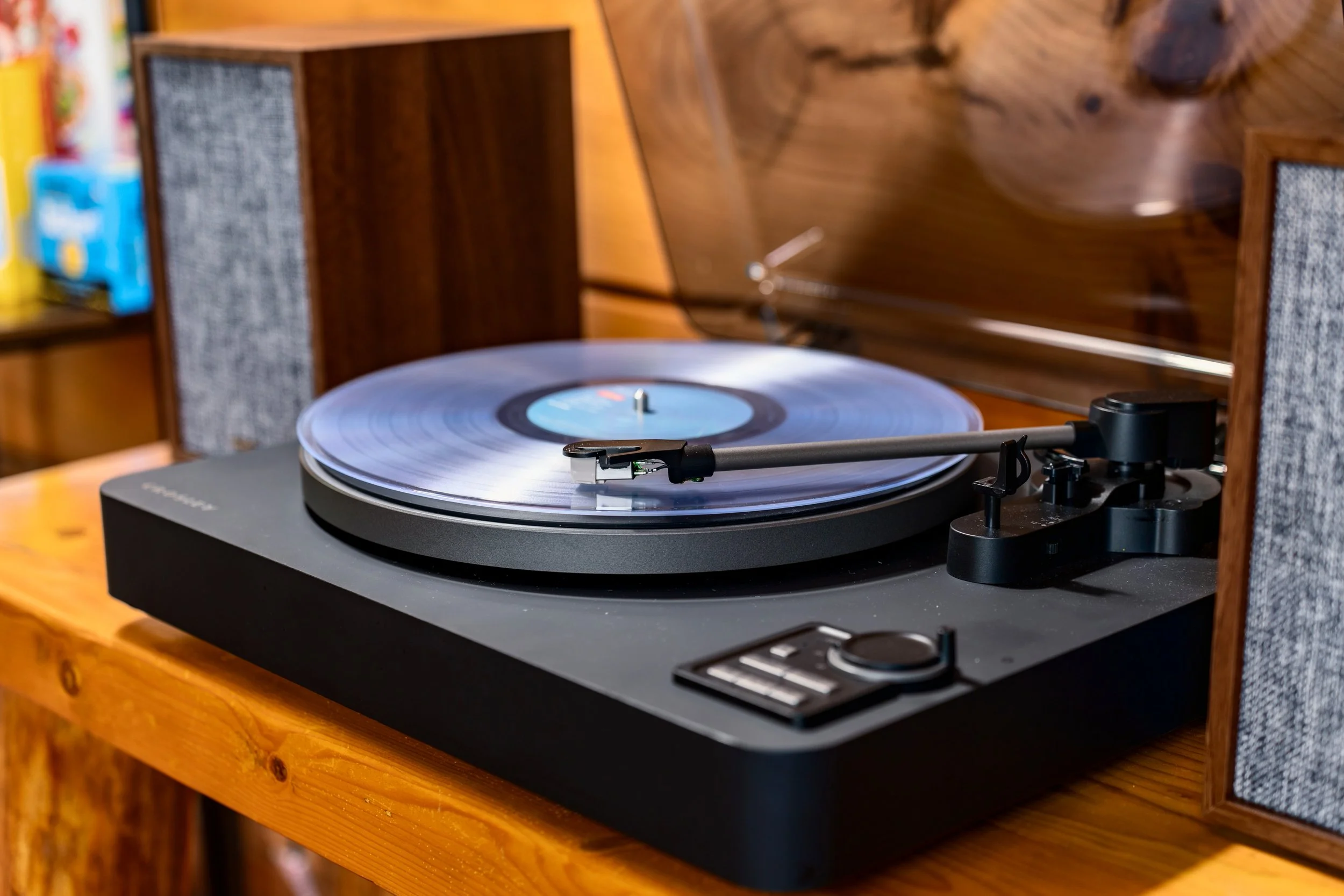 Vinyl record player at Blue Sage Hideaway cabin