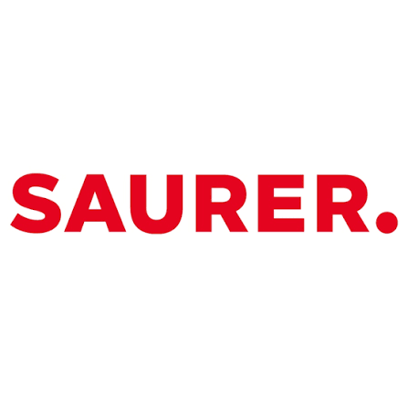 Red text saying "SAURER." on a white background.