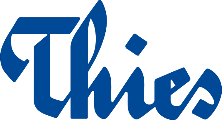 Close-up of a logo with the word 'This' in stylized blue font.