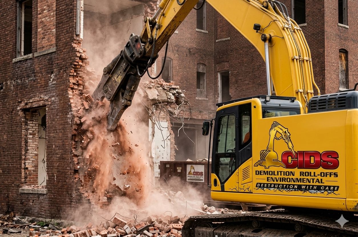 CIDS excavator performing commercial building demolition