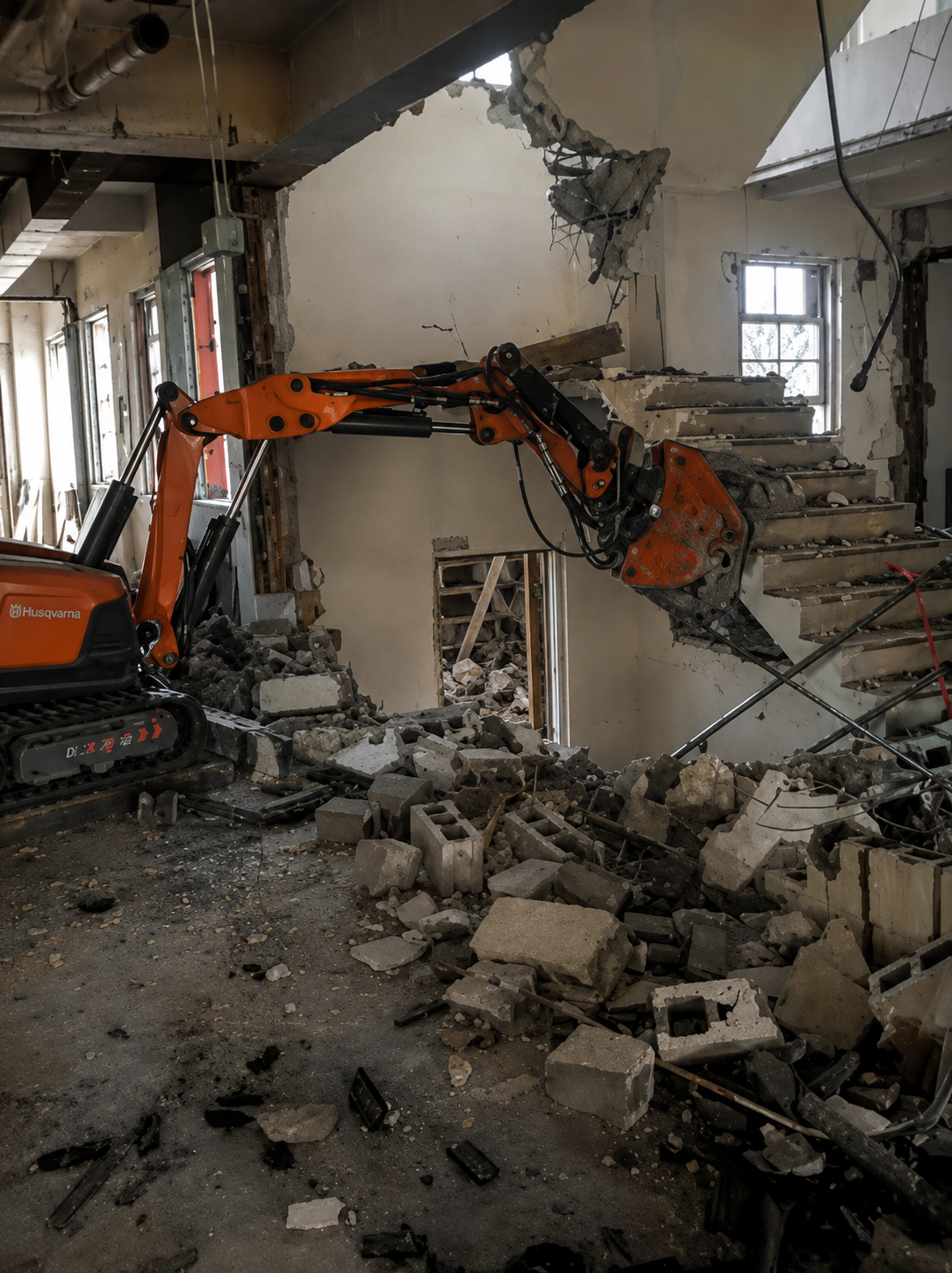 Husqvarna DXR demolition robot removing concrete stairs inside a building