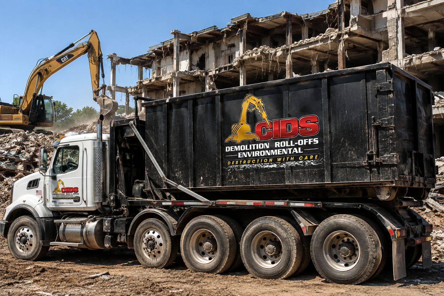 CIDS roll-off truck delivering a construction dumpster